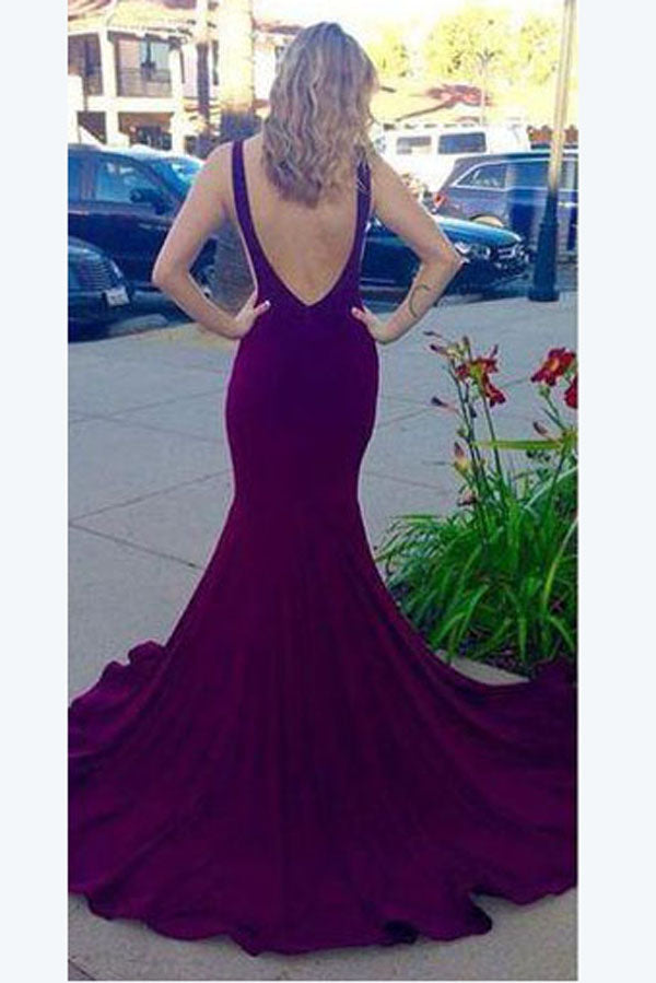 Burgundy Sheath Court Train Jewel Neck Sleeveless Backless Prom Dresses