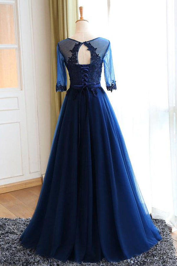 Navy Blue A Line Floor Length Half Sleeve Keyhole Back Appliques Long Prom Dresses