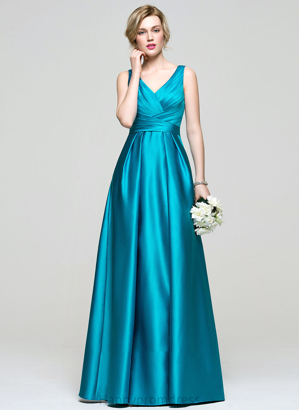 Pockets Satin Ruffle V-neck With Alena Floor-Length Prom Dresses Ball-Gown/Princess