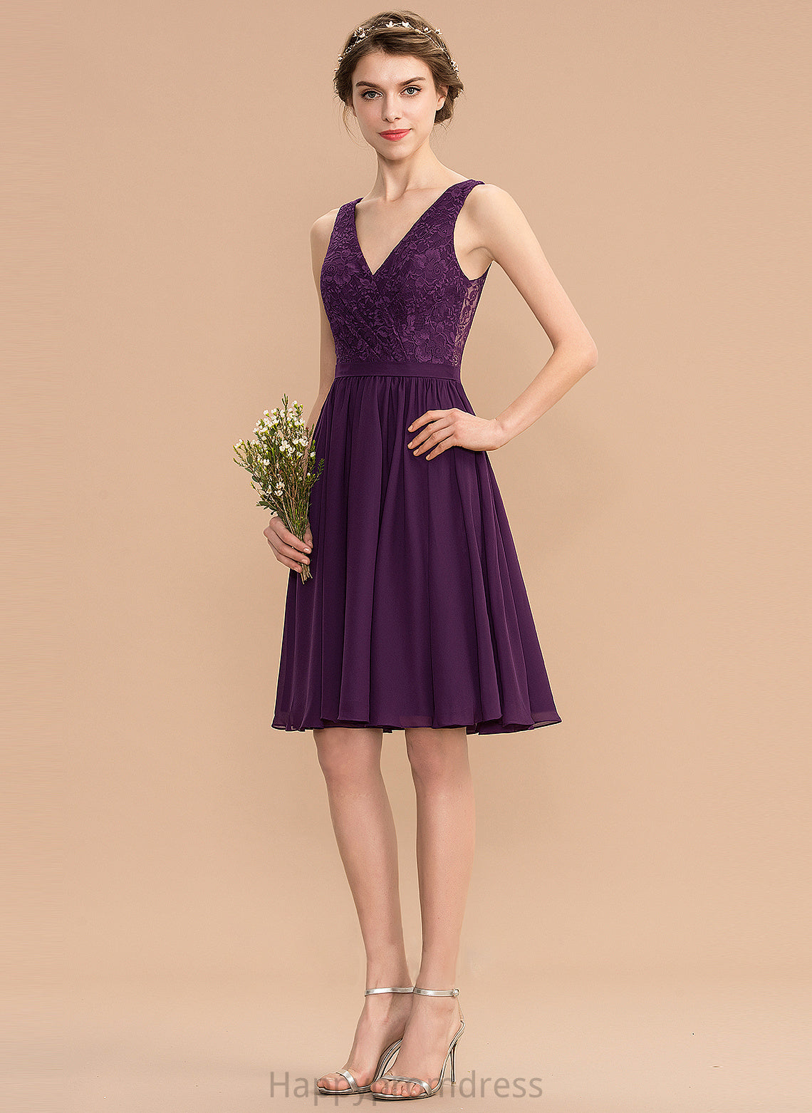 Neckline Ruffle V-neck Embellishment A-Line Length Knee-Length Silhouette Fabric Kiley Natural Waist Straps Bridesmaid Dresses