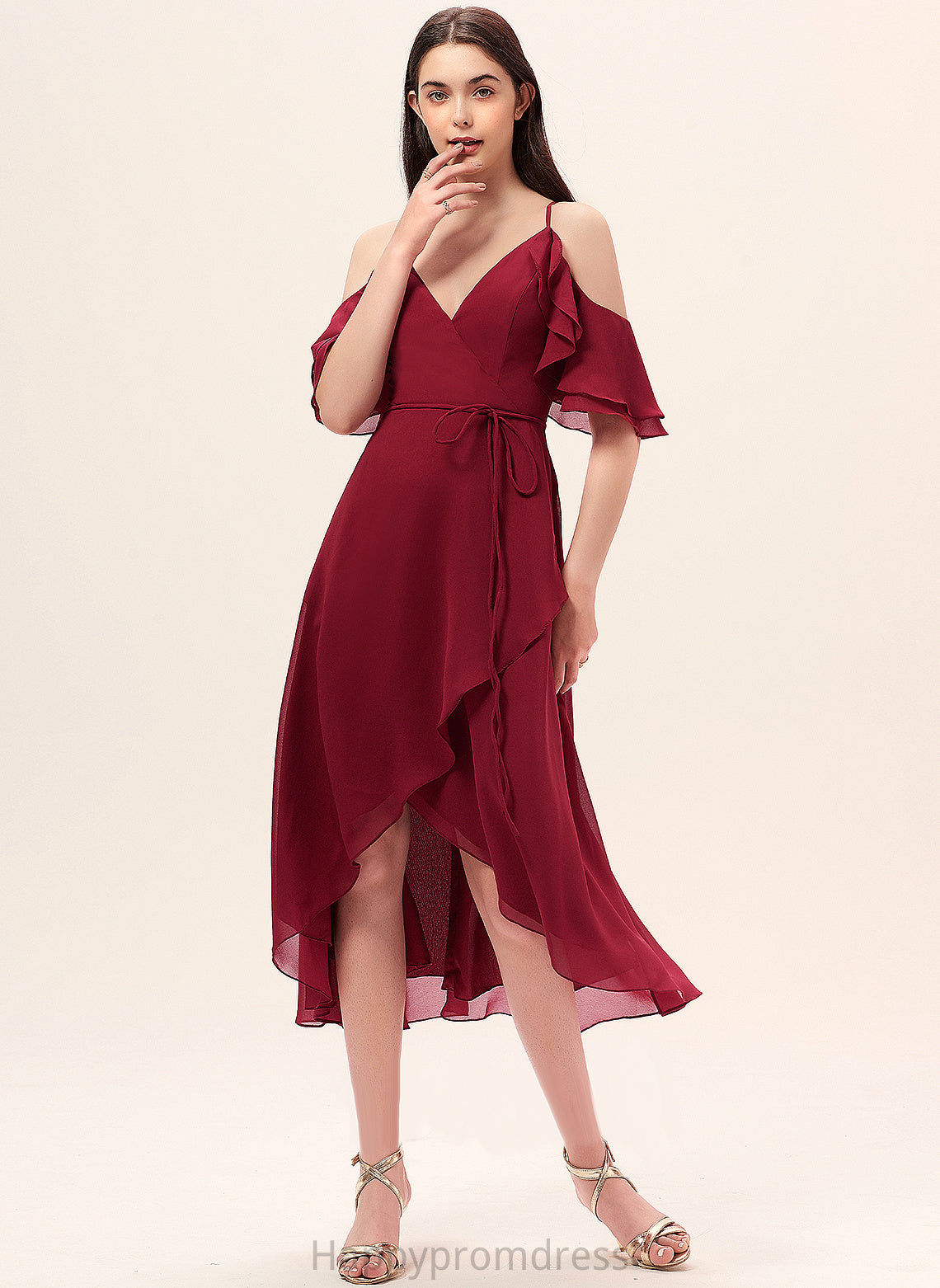 Miah Chiffon V-neck Asymmetrical Dress A-Line Cascading With Cocktail Ruffles Cocktail Dresses