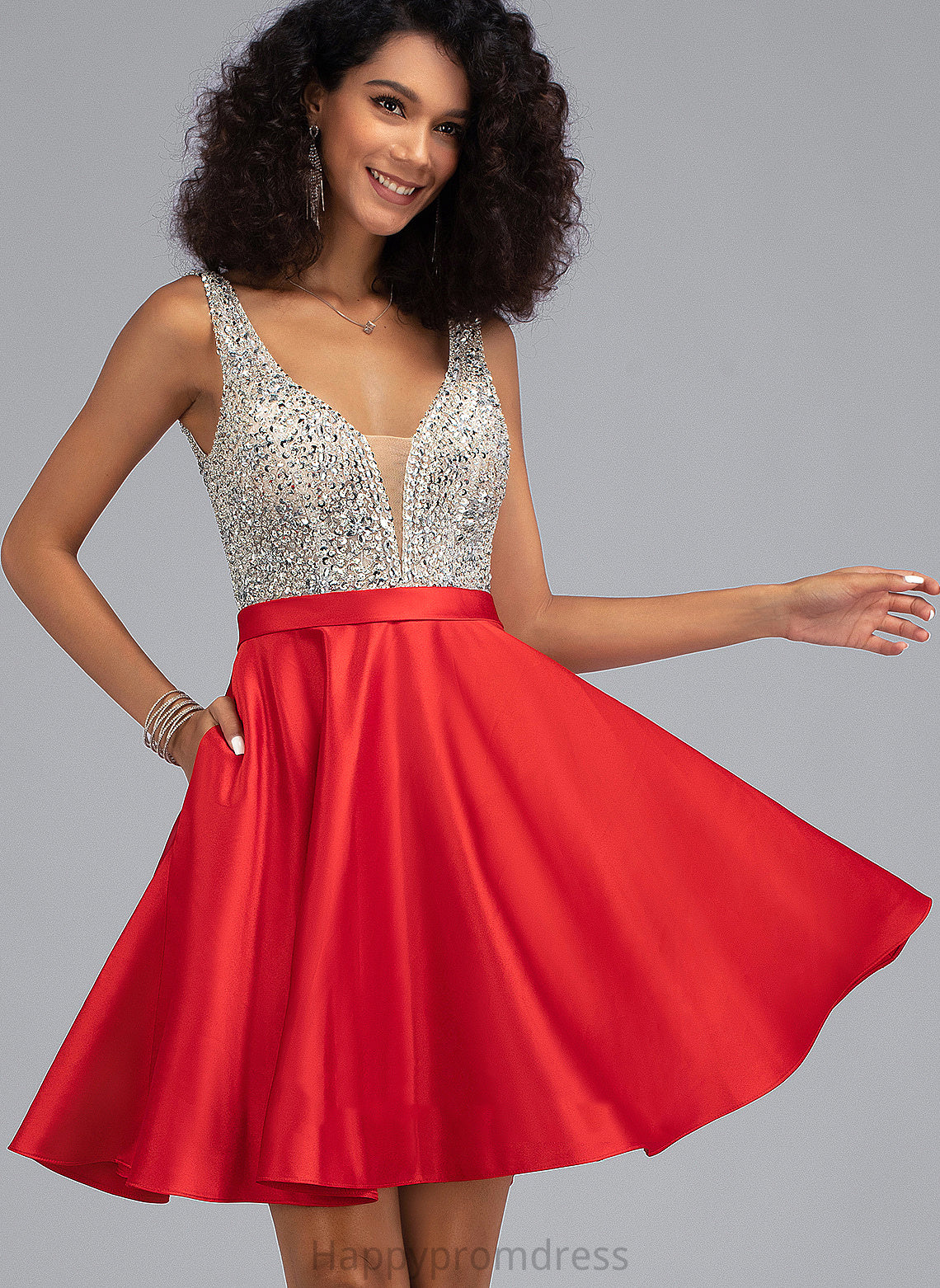 Beading Homecoming Dresses Short/Mini Pockets A-Line With Sequins Satin V-neck Homecoming Dress Nancy