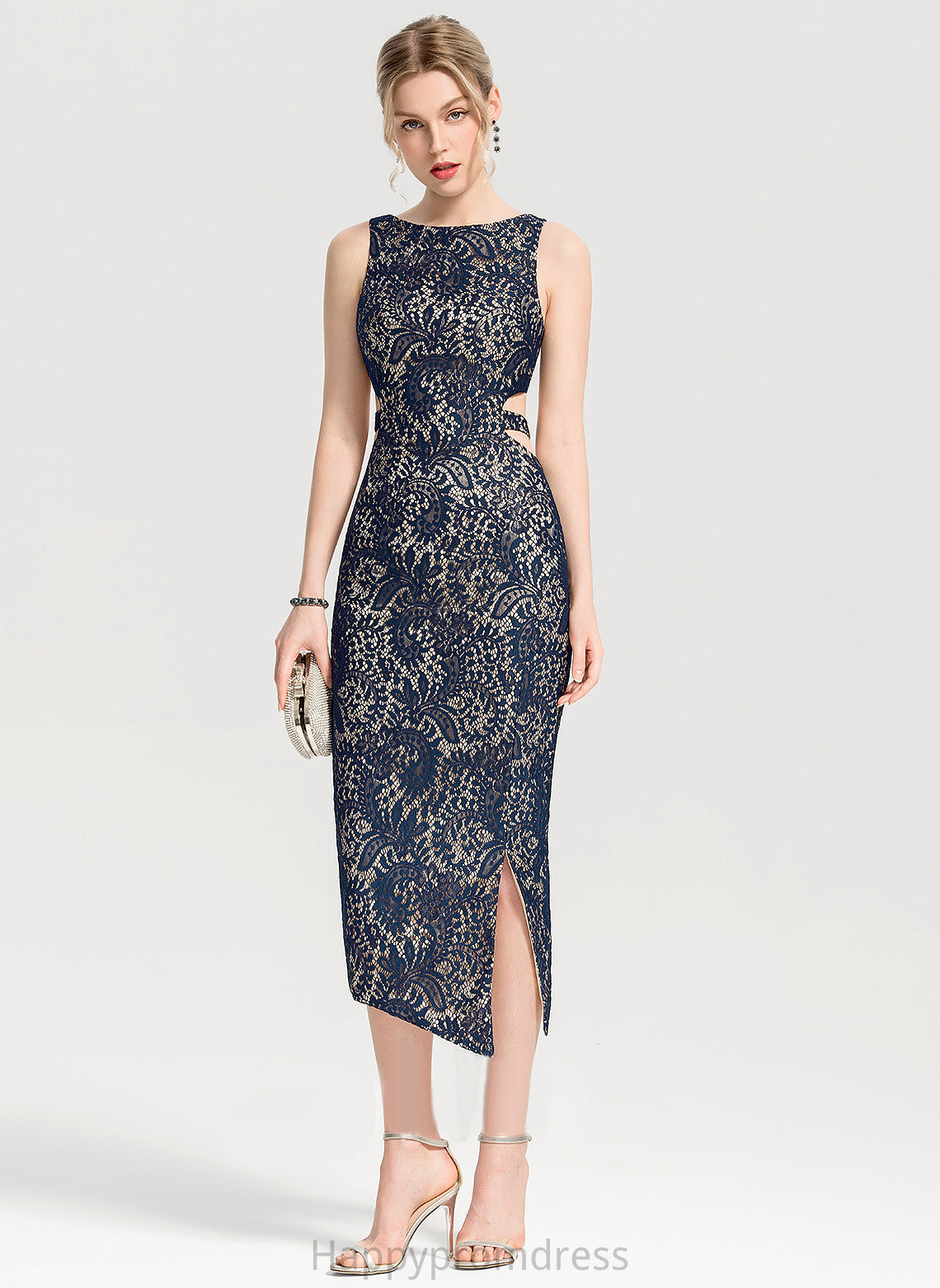 Split Neck Scoop Tea-Length Dress Front Cocktail Dresses With Cocktail Sheath/Column Kate Lace