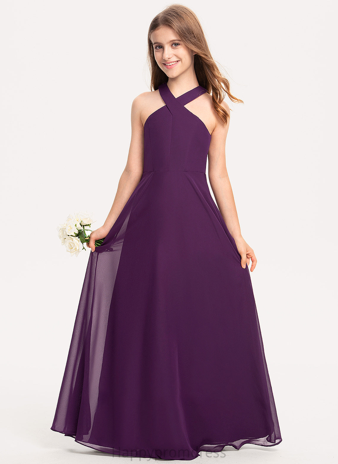 A-Line Floor-Length V-neck Emmalee Junior Bridesmaid Dresses Chiffon