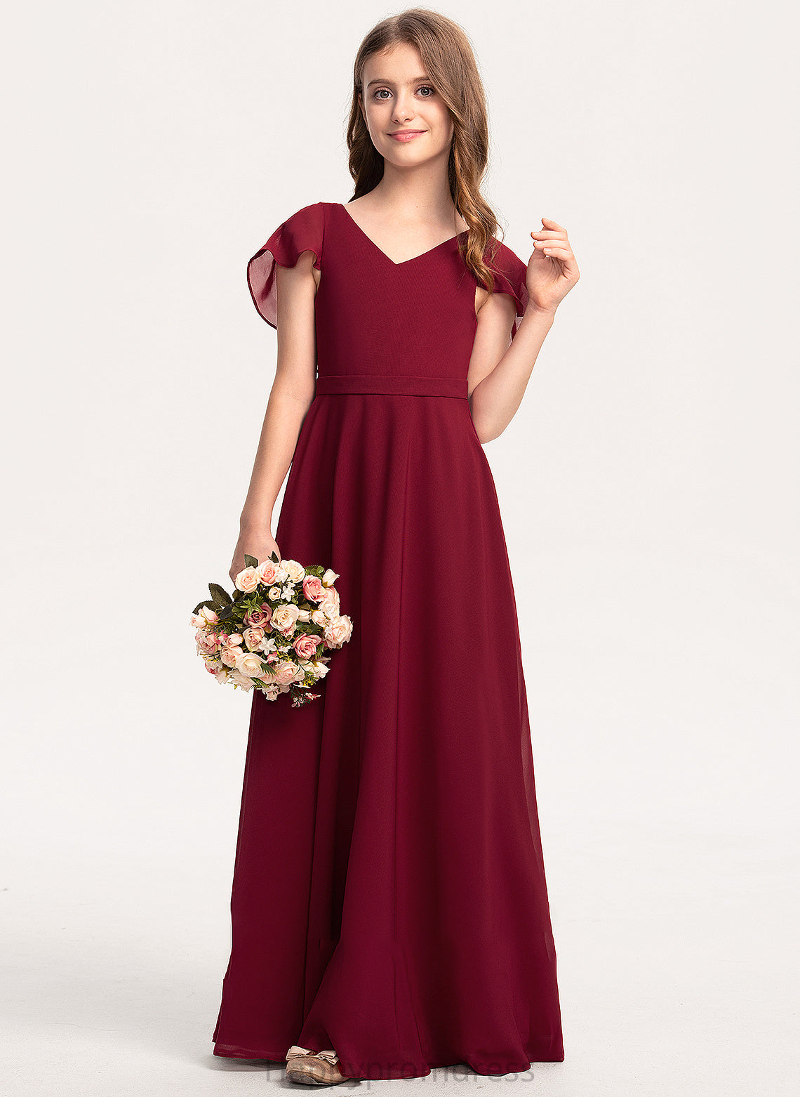 With Lea V-neck Junior Bridesmaid Dresses Cascading A-Line Floor-Length Chiffon Ruffles