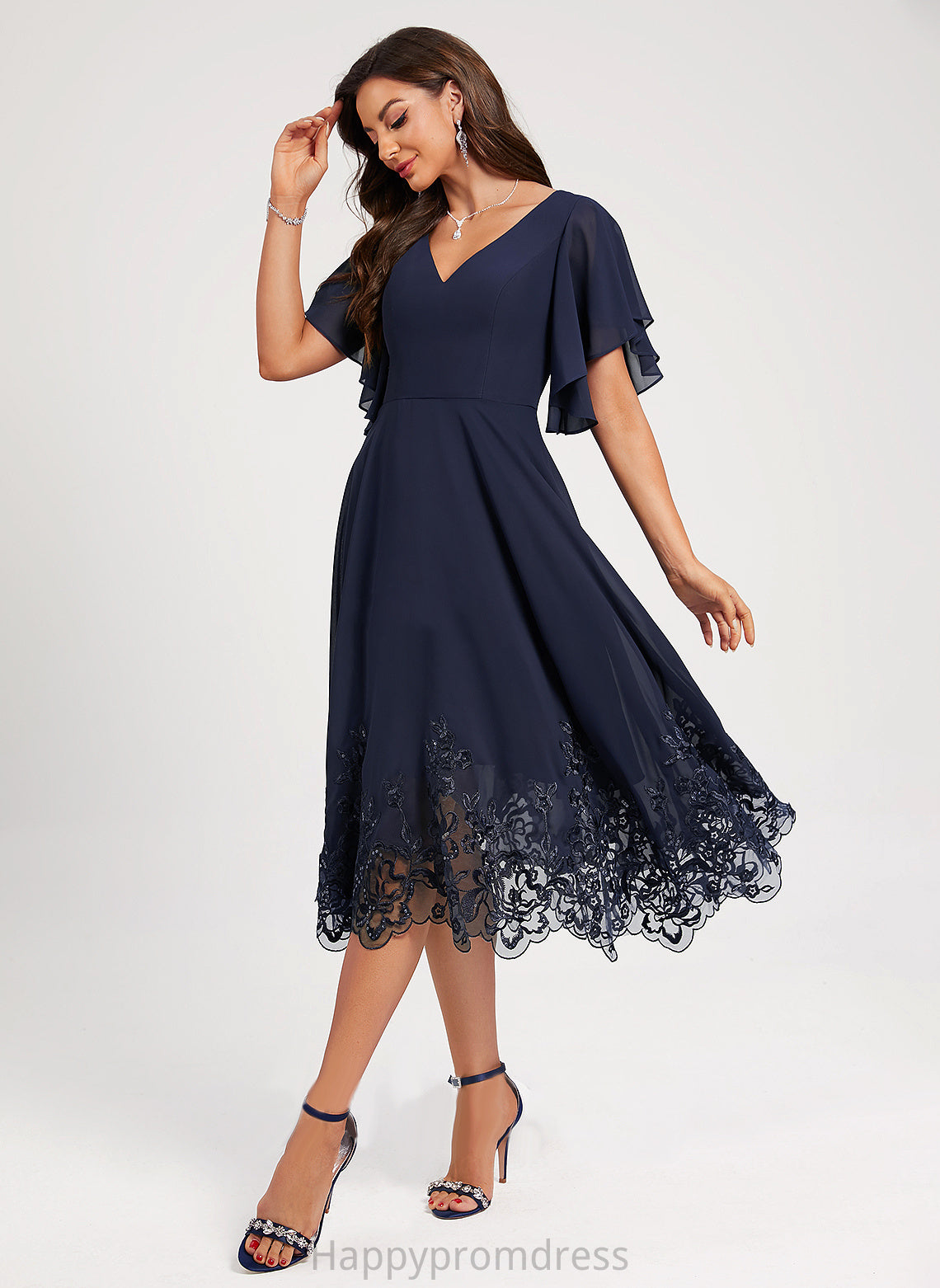 Sequined Tea-Length With V-neck Sequins Lace Yasmin Lace A-Line Dress Cocktail Dresses Cocktail