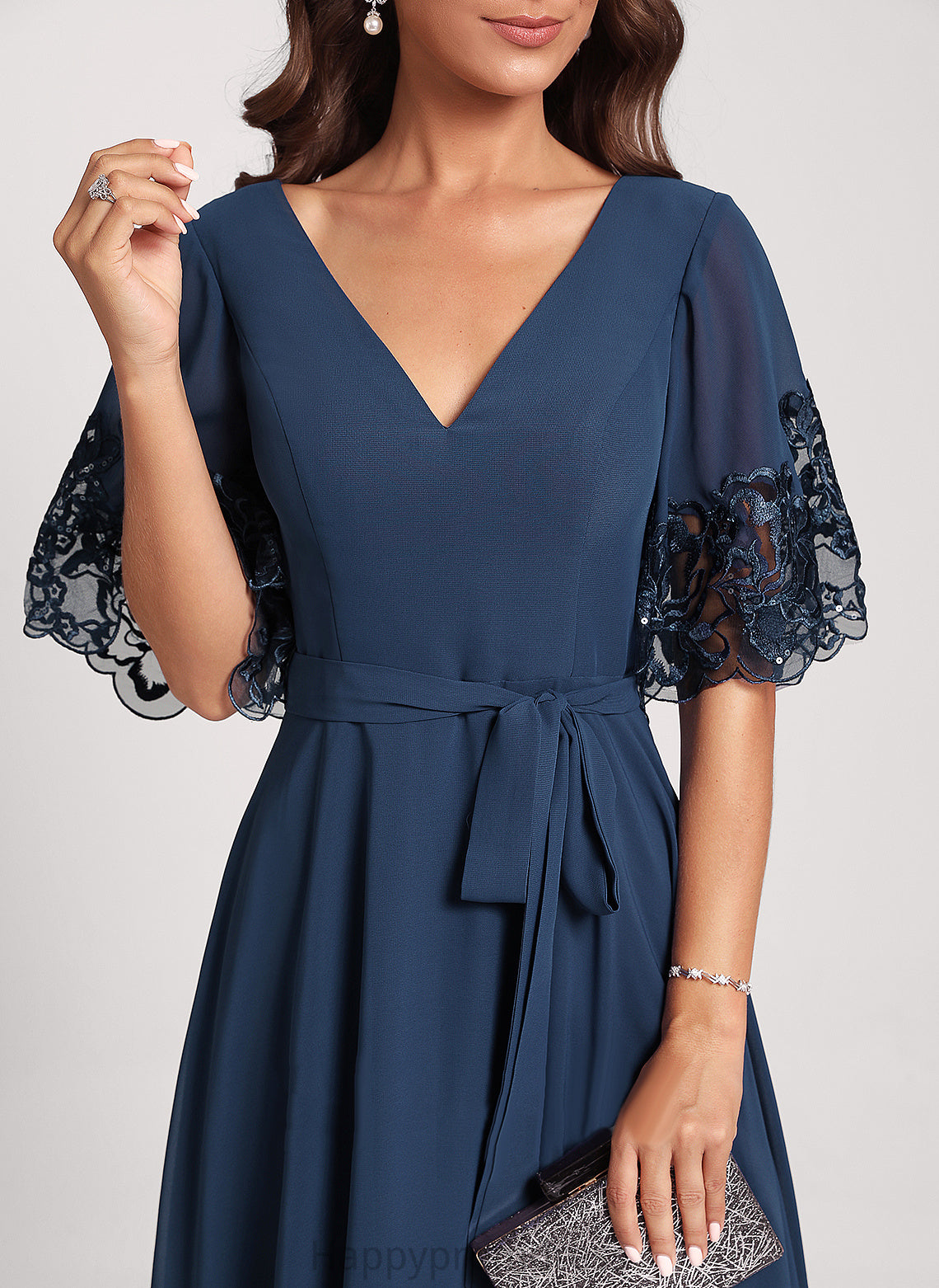 Cocktail Sequins Anya Dress A-Line V-neck Club Dresses Chiffon With Tea-Length Lace