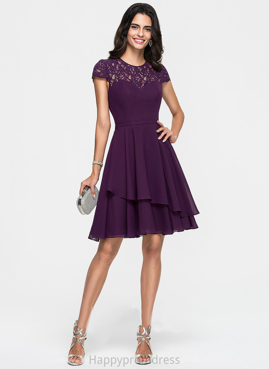 Knee-Length With Scoop Homecoming Dresses Dress Homecoming Lace Neck Ruffles A-Line Karly Cascading Chiffon