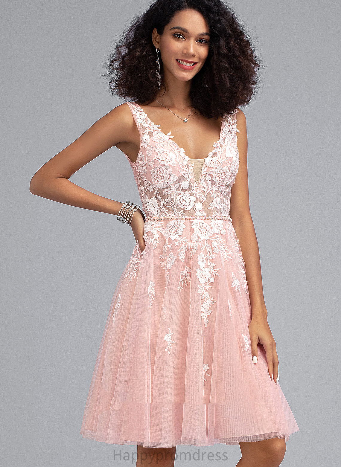 Homecoming Dresses Dress Homecoming Tulle Beading Lace Knee-Length Sequins V-neck Kaylie A-Line With