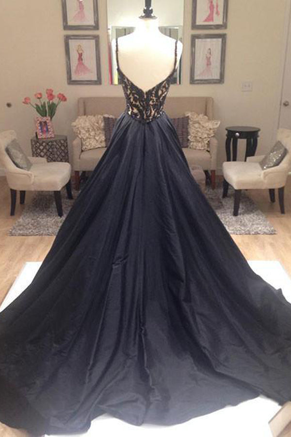 Black A Line Court Train Deep V Neck Sleeveless Low Back Appliques Prom Dresses