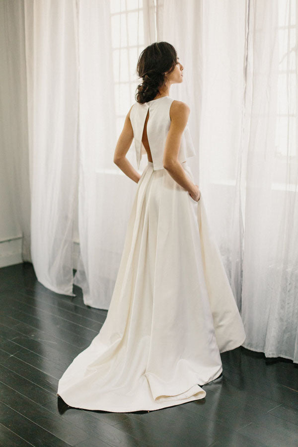 Simple Two Piece Ivory Satin A Line Long Beach Wedding Dresses