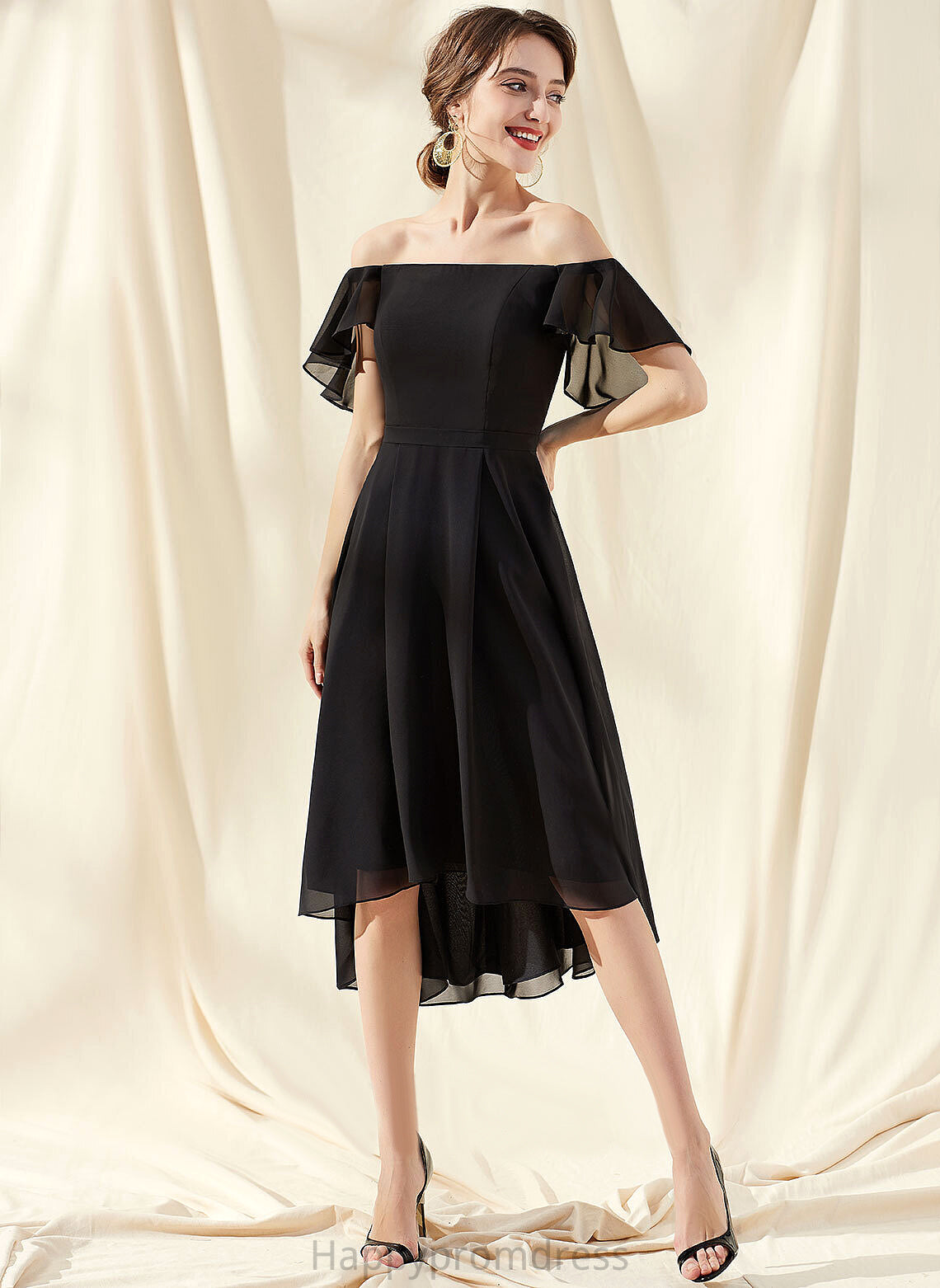 Chiffon Cocktail Jaqueline Off-the-Shoulder A-Line Asymmetrical Cocktail Dresses Dress With Cascading Ruffles