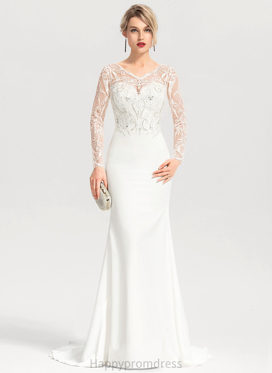 Wedding Dresses Train V-neck Stretch Sweep With Wedding Sequins Lace Dress Beading Trumpet/Mermaid Kaelyn Crepe