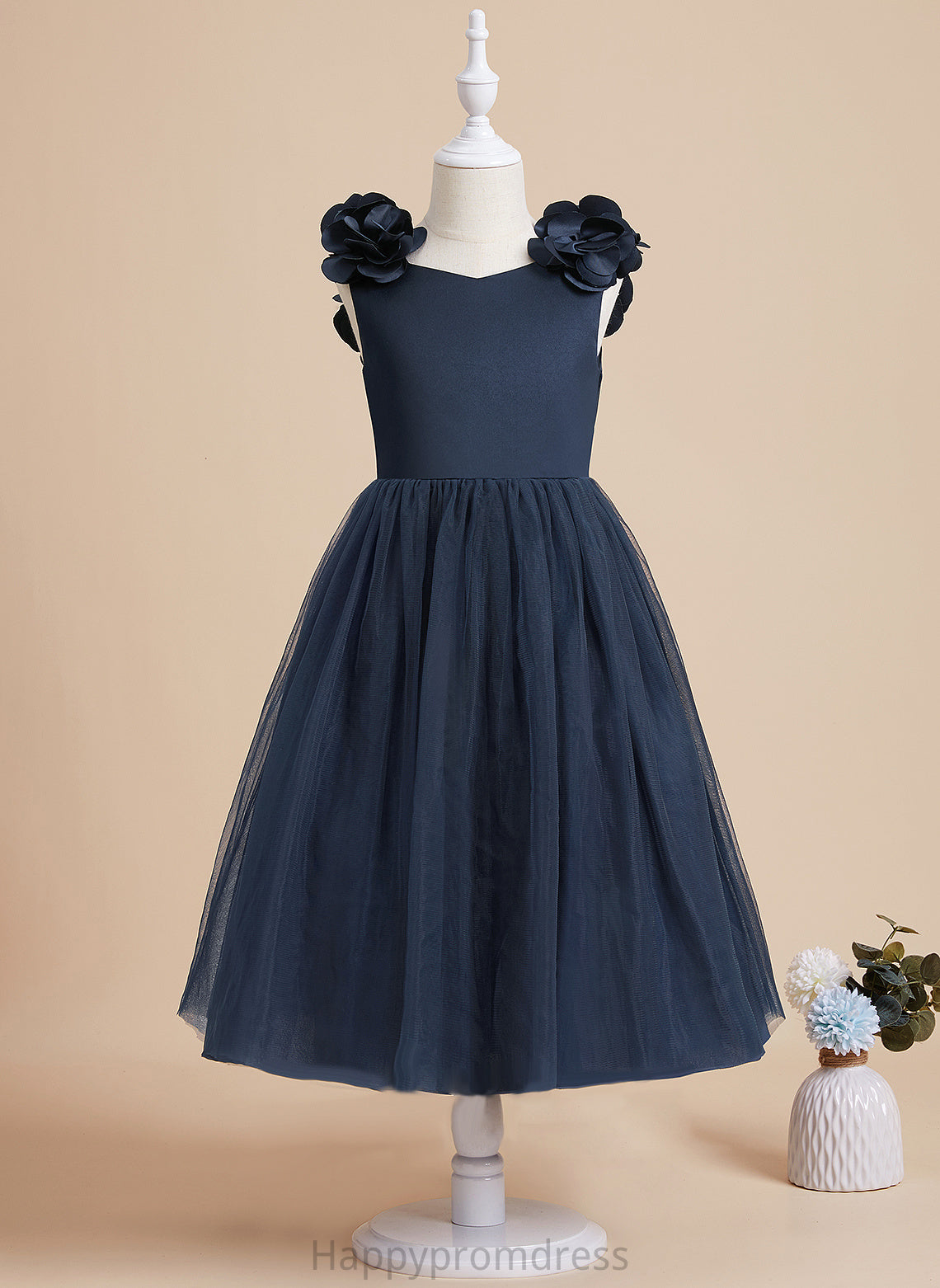 - With Flower(s)/Bow(s) Flower Satin/Tulle Flower Girl Dresses Nora V-neck A-Line Girl Dress Sleeveless Tea-length