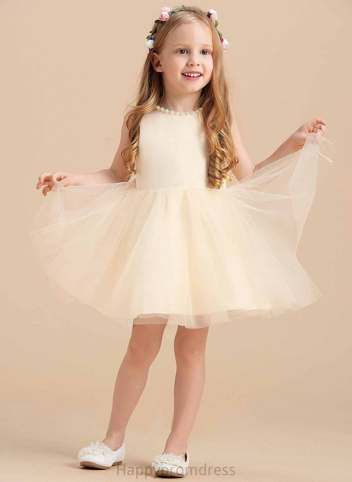 Girl Neck Satin/Tulle Flower A-Line Flower Girl Dresses Judith - With Scoop Dress Knee-length Beading Sleeveless