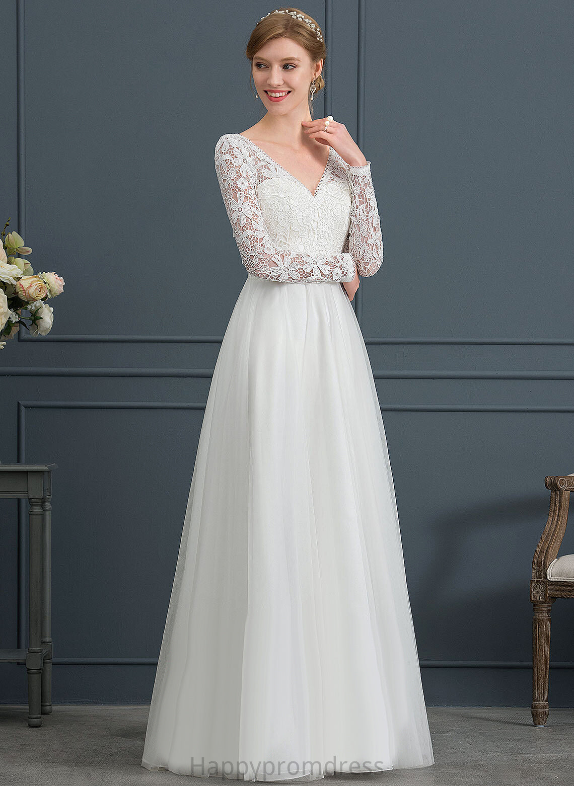 V-neck Wedding Dresses Floor-Length Lace Wedding Dress Ashlyn Tulle A-Line