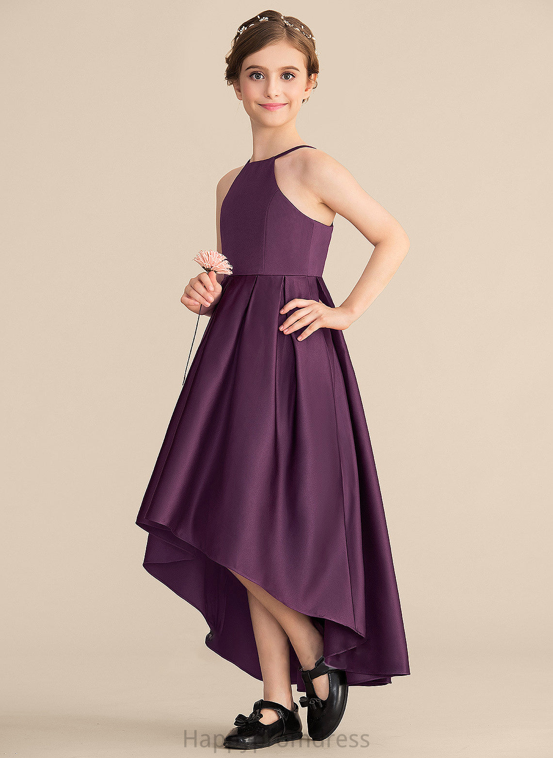 Scoop Junior Bridesmaid Dresses Asymmetrical With Celia Satin A-Line Ruffle Neck