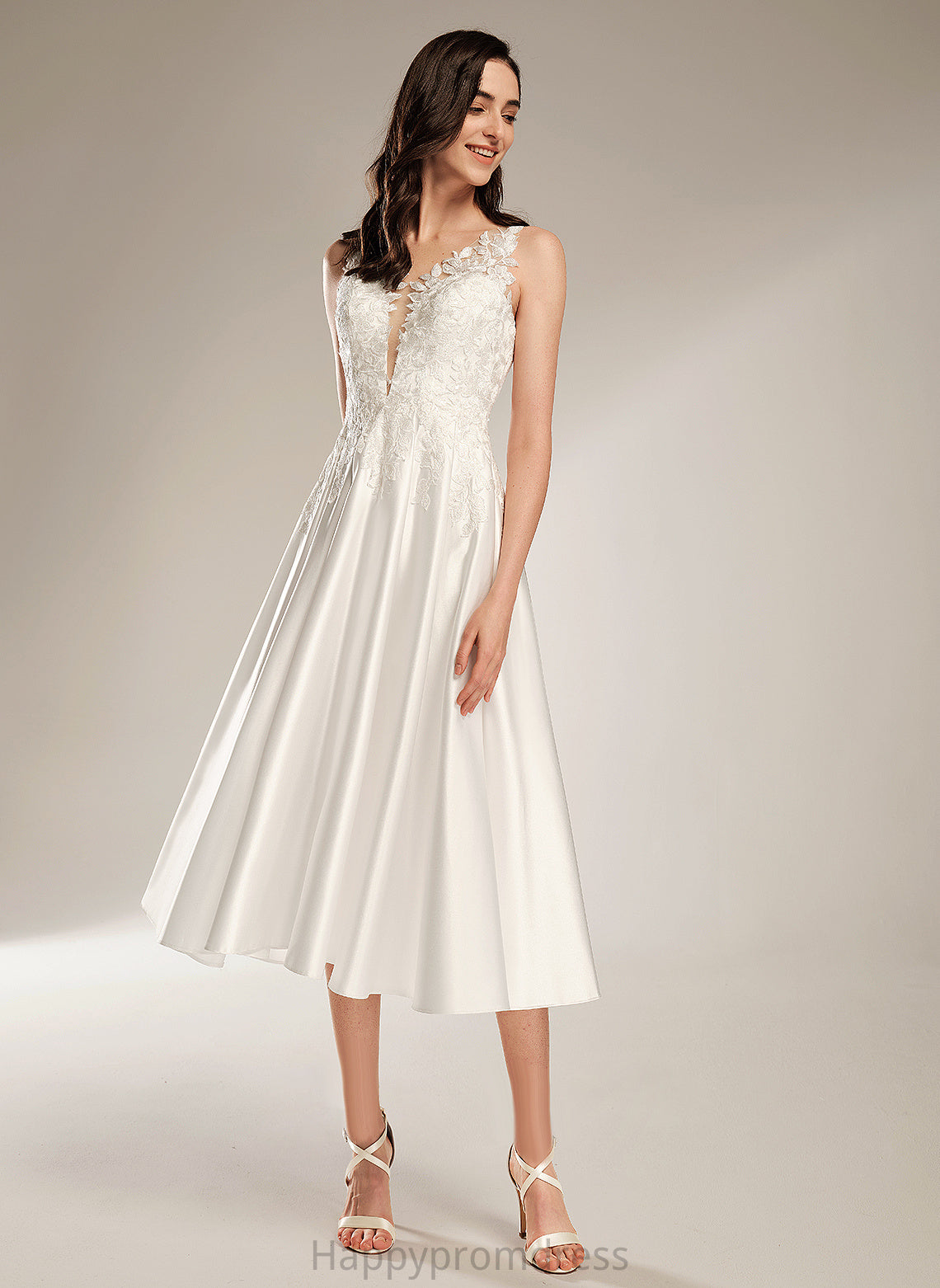 Wedding Dresses With Tea-Length Dress V-neck Wedding Satin Pockets A-Line Lace Jaycee