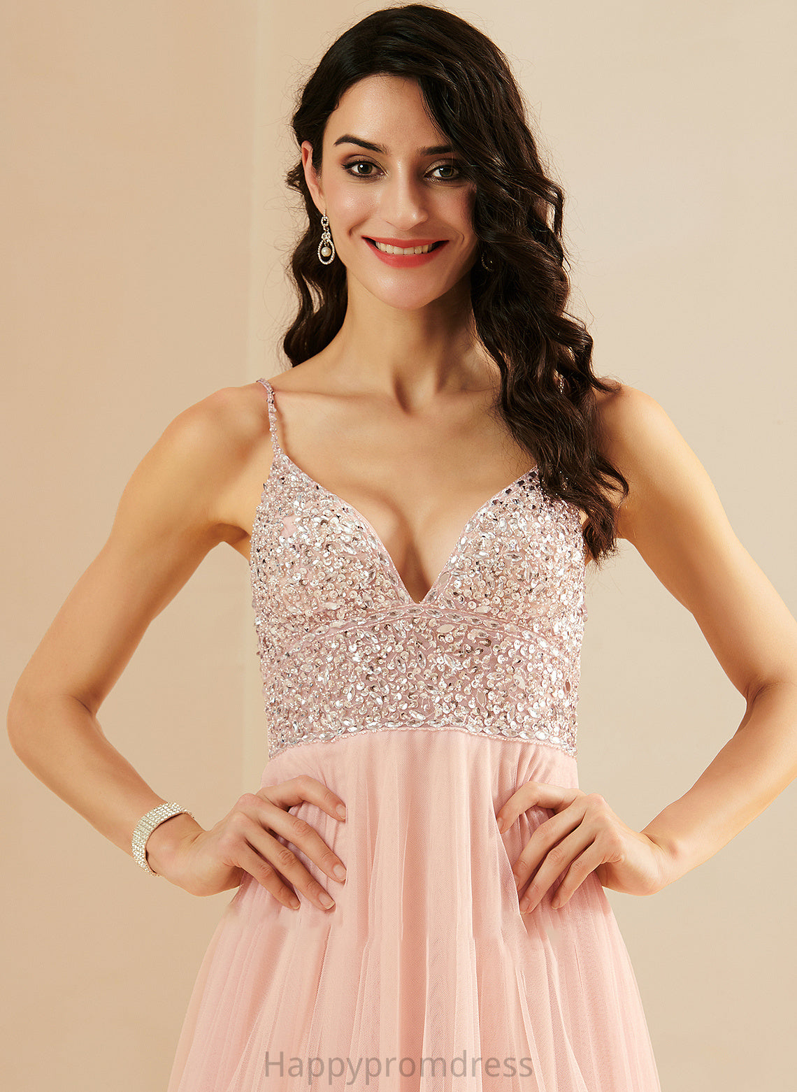 With Sequins V-neck Floor-Length Tulle Jasmine Prom Dresses A-Line Beading