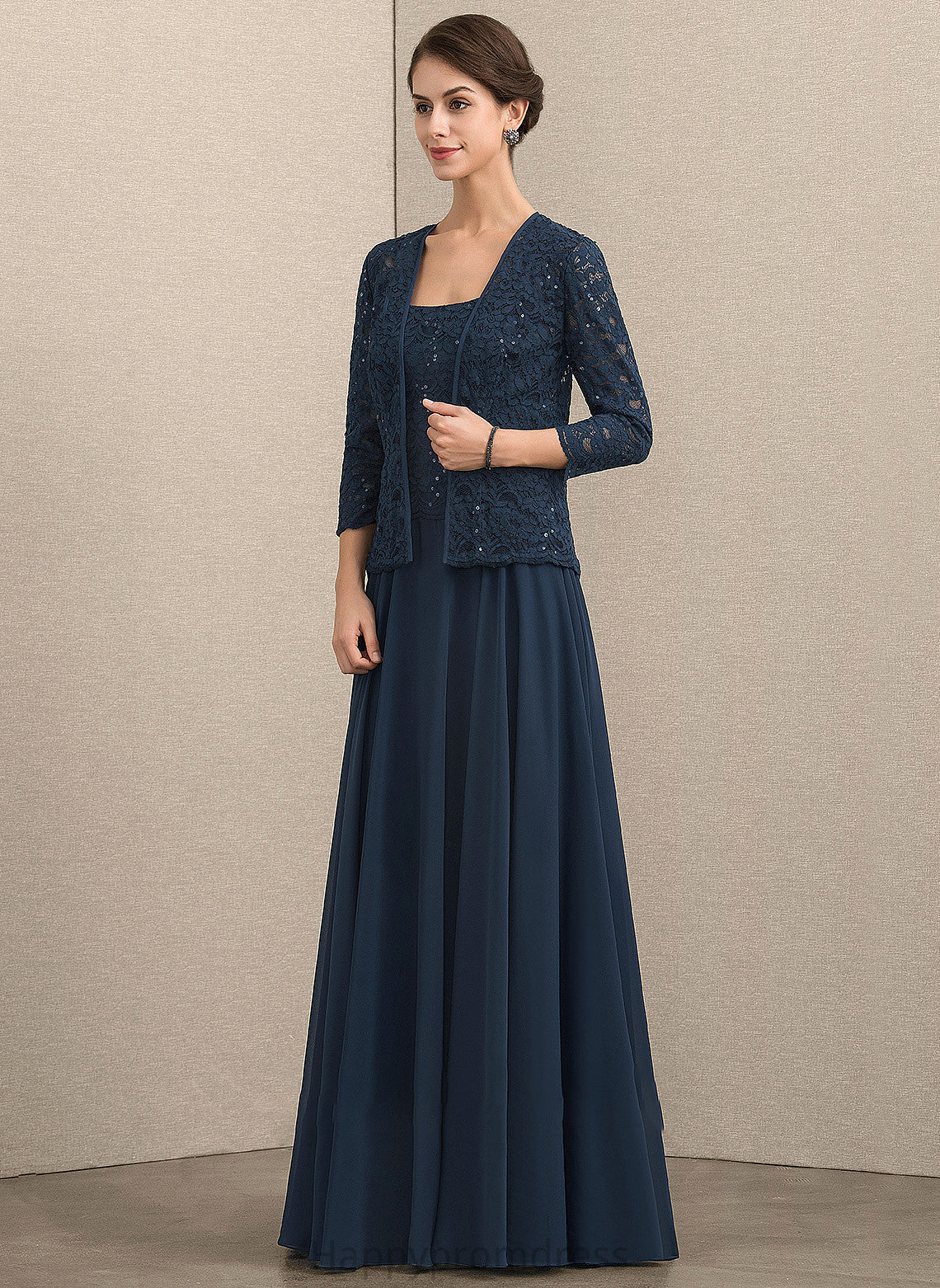 Mother of the Bride Dresses of Bride Neckline Chiffon With Dress Lace the Sequins Floor-Length A-Line Square Mother Ella