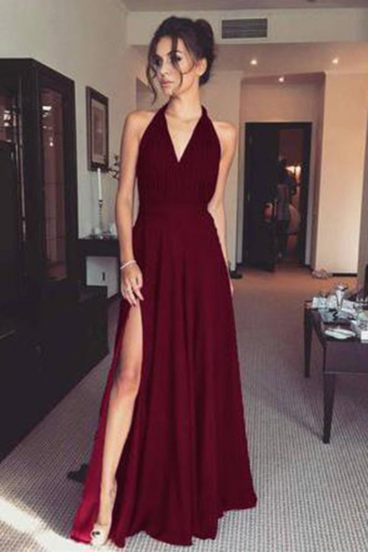 Sleeveless Floor Length V Neck Split Side Prom Dresseses