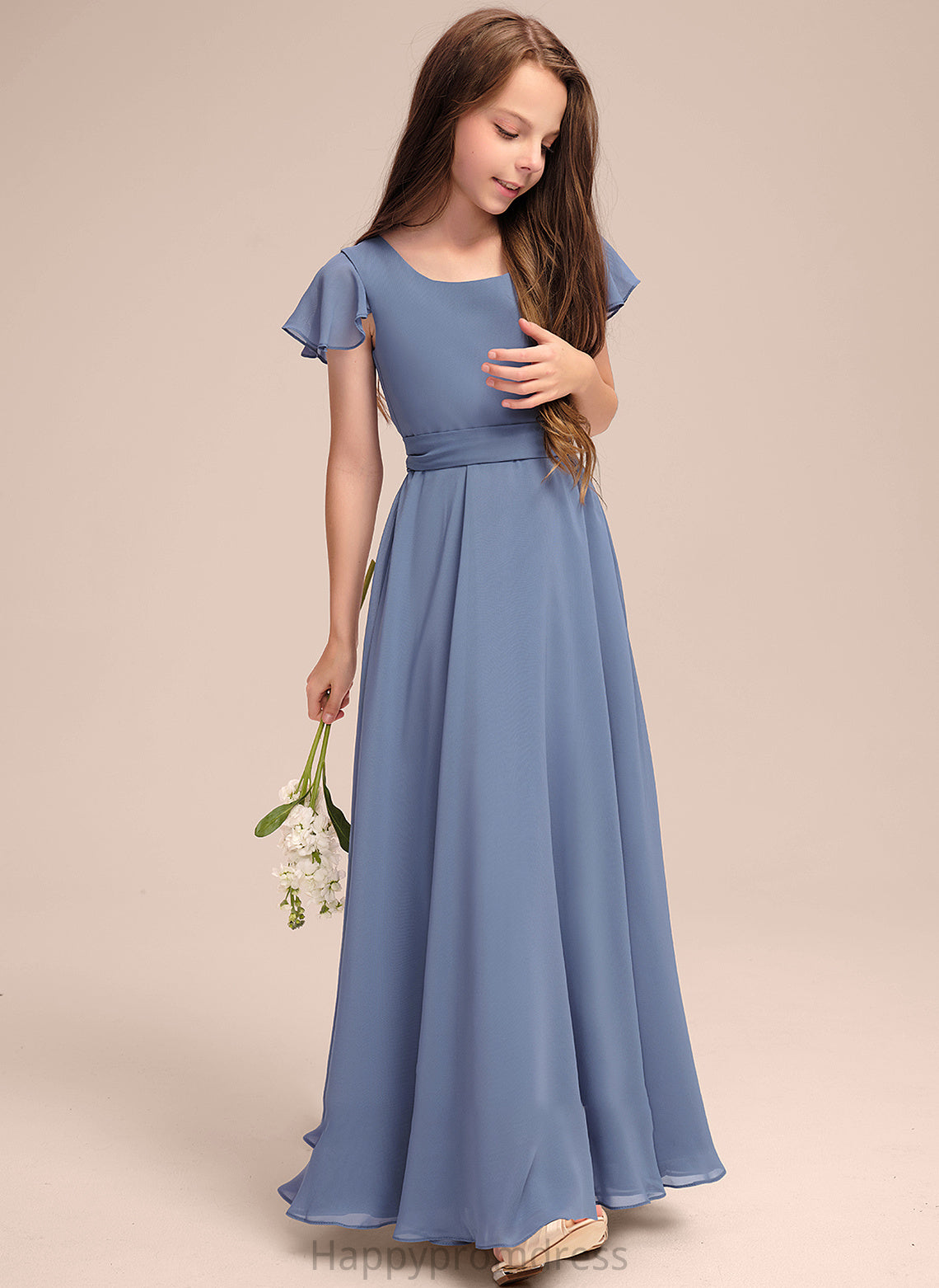 Chiffon Ayanna Neck A-Line Scoop Bow(s) Floor-Length Junior Bridesmaid Dresses With