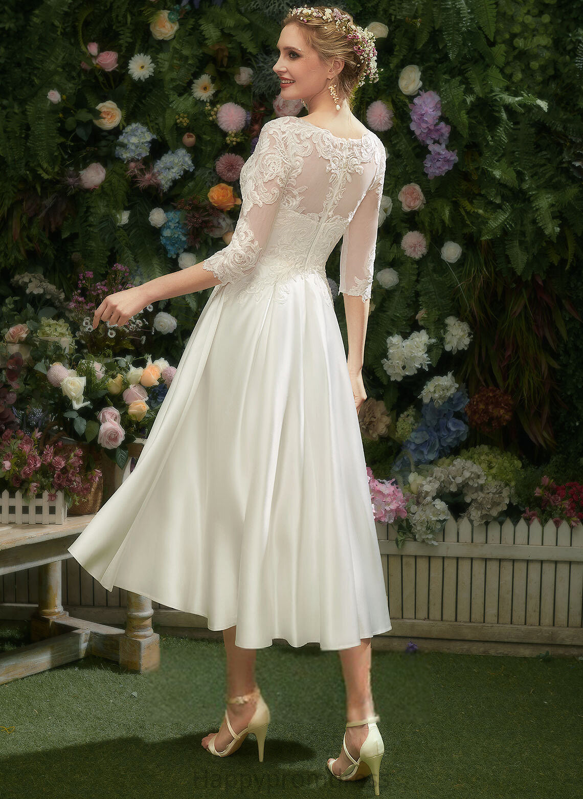 Illusion A-Line Lace With Satin Wedding Tea-Length Wedding Dresses Dress Louisa