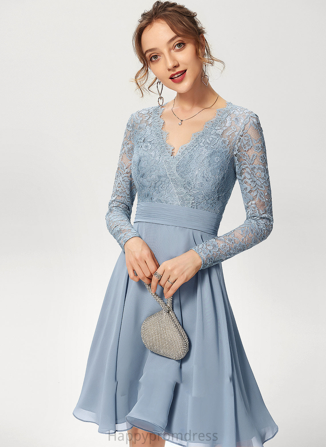 Fabric Neckline V-neck Silhouette A-Line Lace Length Knee-Length Sleeve Akira A-Line/Princess Floor Length Bridesmaid Dresses