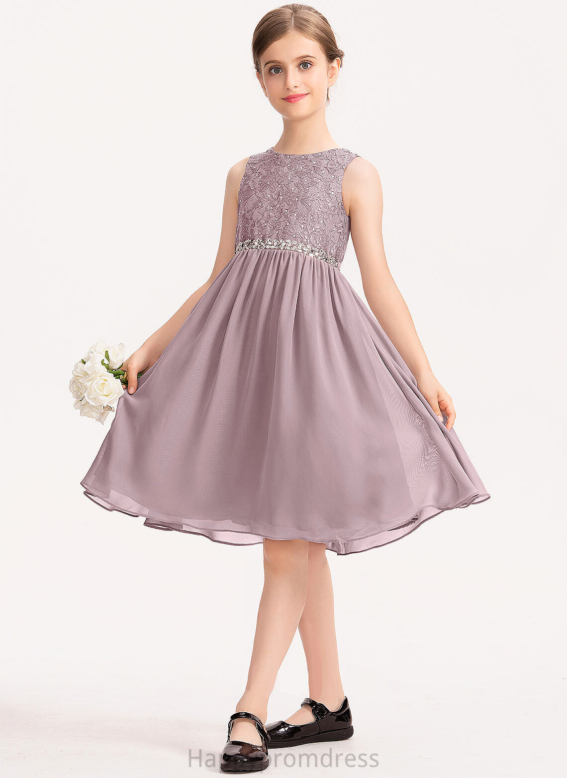 Bow(s) Lace Makenzie Knee-Length Junior Bridesmaid Dresses Neck With Scoop Chiffon Beading A-Line