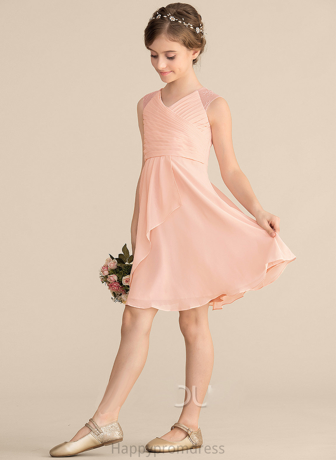 Caitlyn Cascading Knee-Length With A-Line Junior Bridesmaid Dresses Chiffon Ruffles Lace V-neck