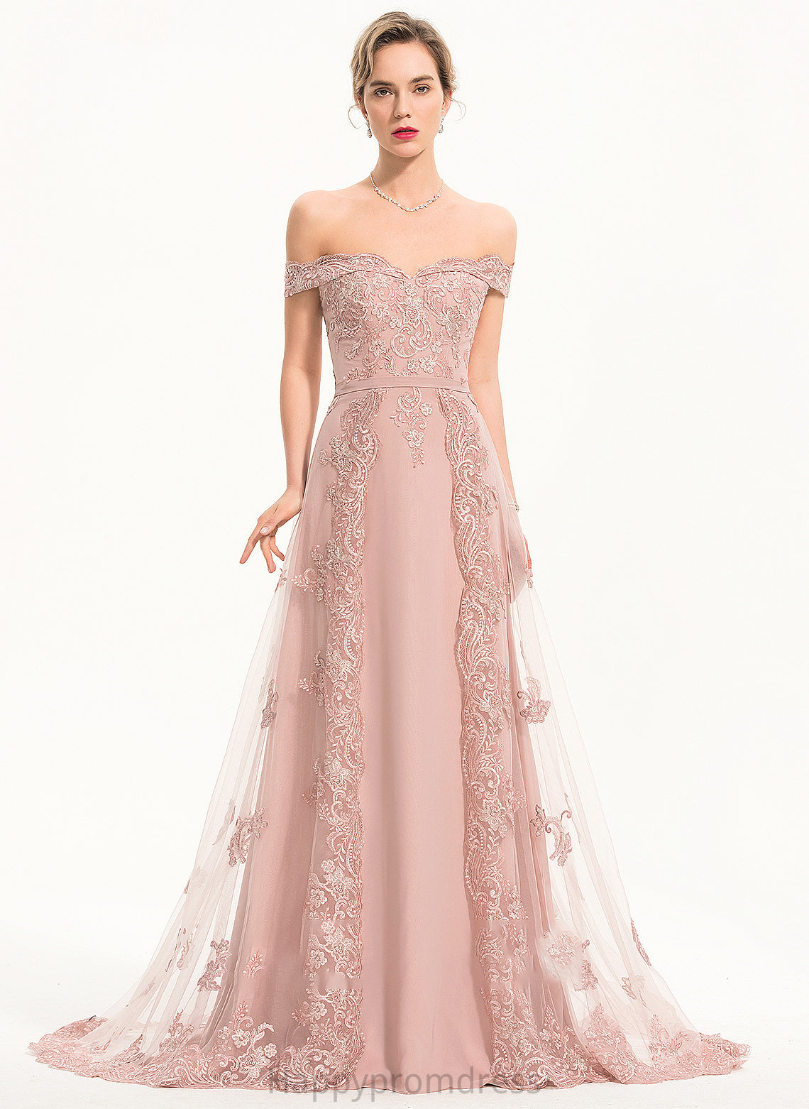 A-Line Tulle Train Prom Dresses Sweep Anna With Chiffon Sequins Off-the-Shoulder