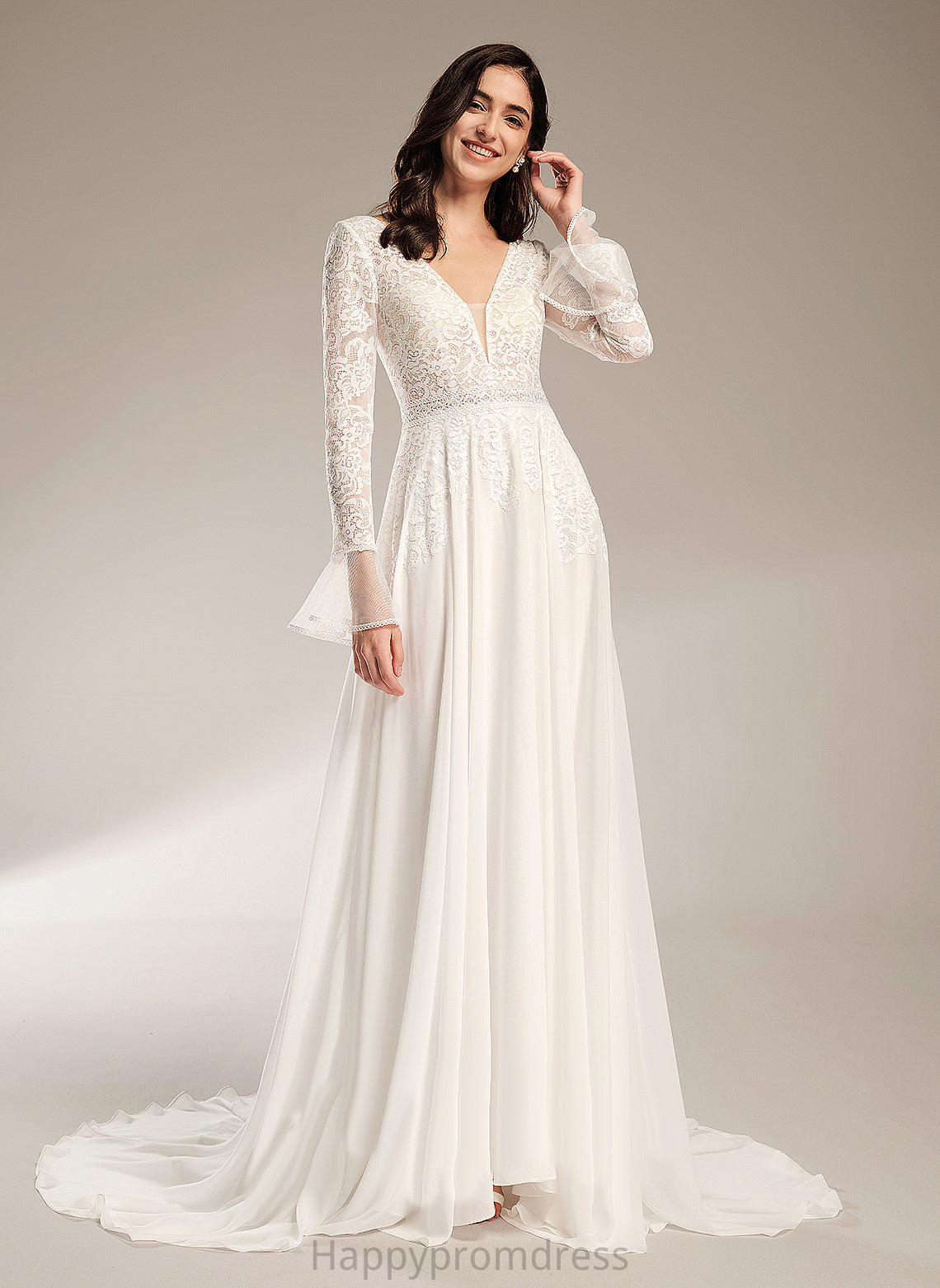 Wedding Dresses Wedding Ruffle Dress Lace Court V-neck Chiffon A-Line Train With Juliet