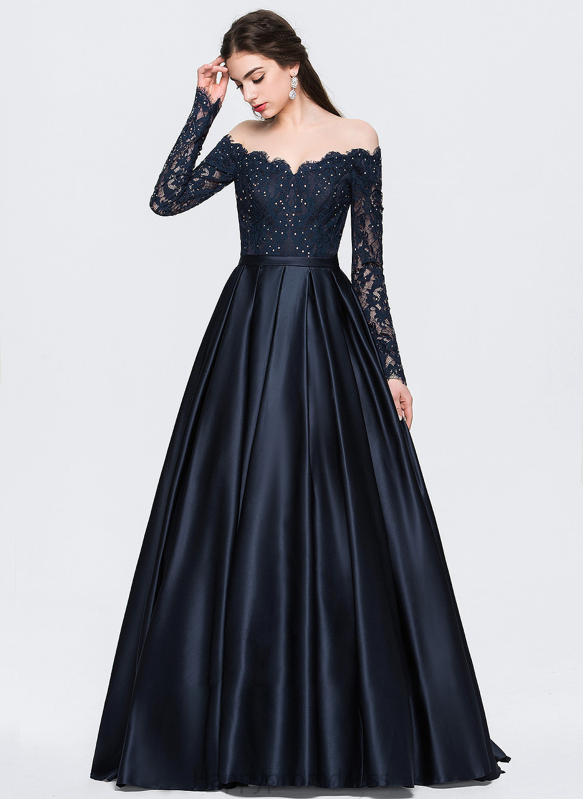 Prom Dresses Leilani Ball-Gown/Princess Train Satin With Beading Off-the-Shoulder Sweep