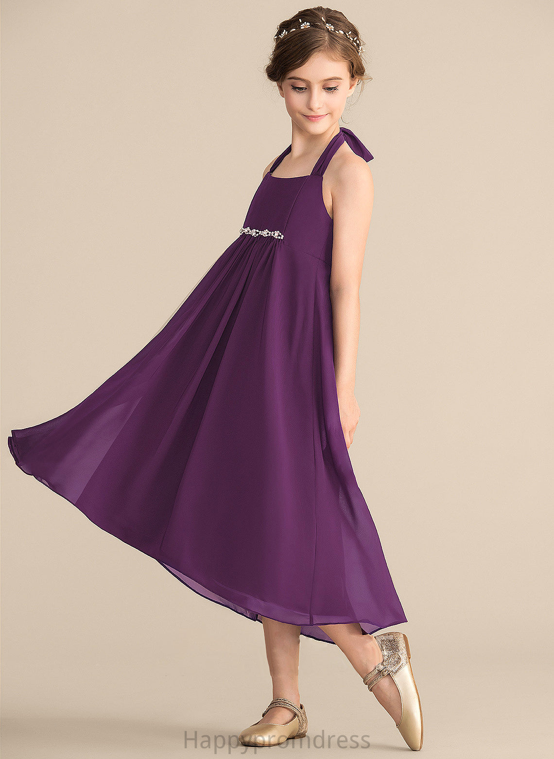 With Empire Halter Chiffon Asymmetrical Alice Bow(s) Junior Bridesmaid Dresses Beading