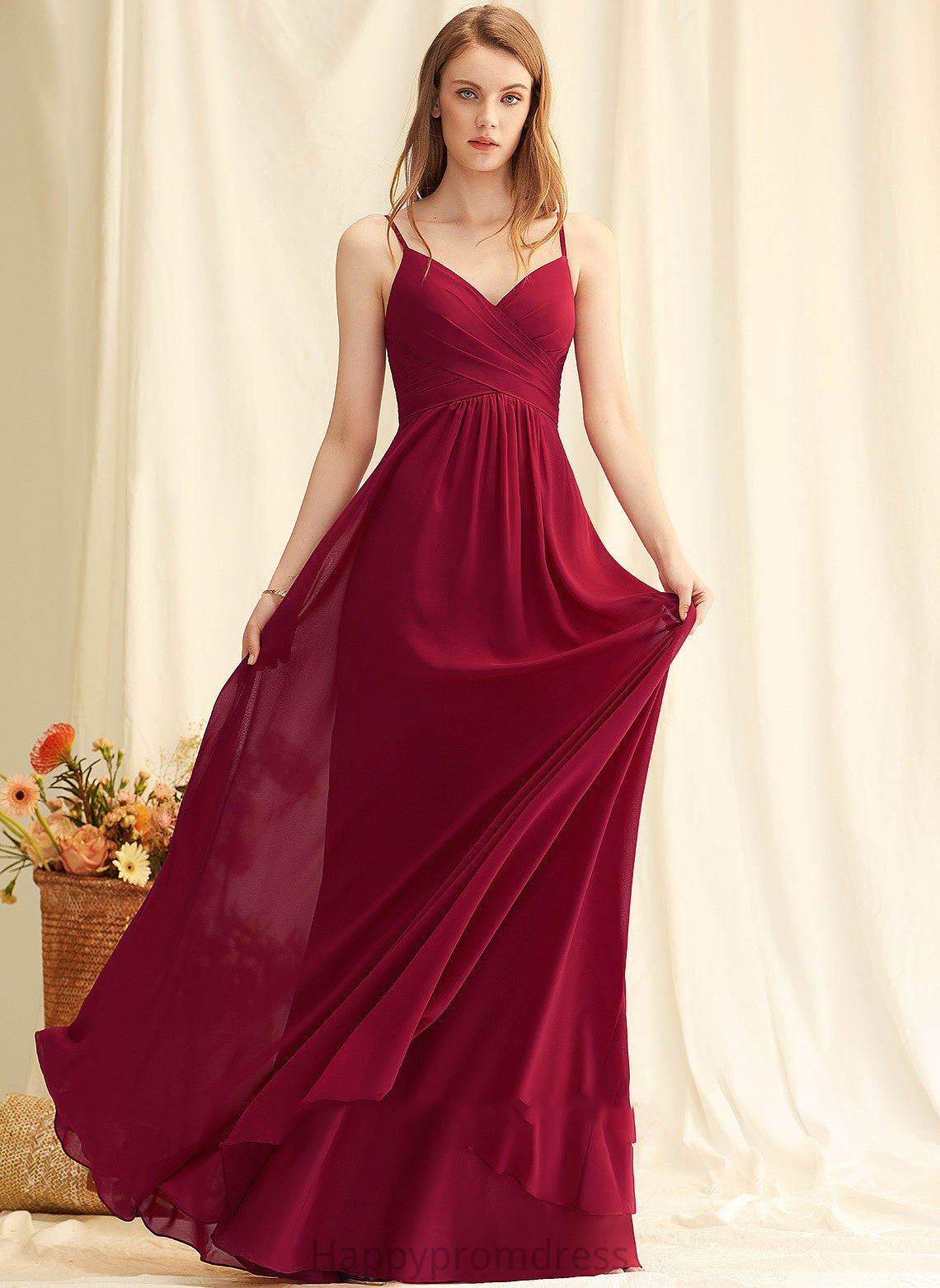 V-neck Floor-Length Length Neckline Silhouette Ruffle A-Line Embellishment Fabric Leah Bridesmaid Dresses