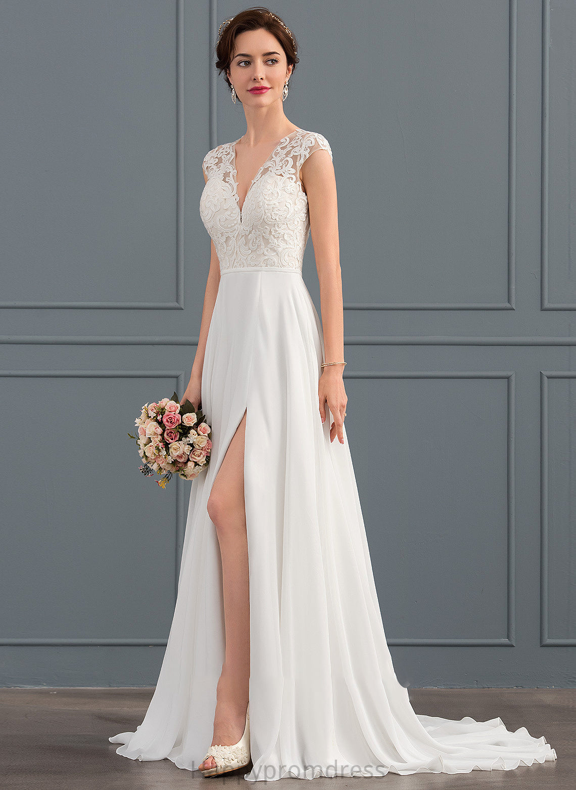 Train Split Braelyn A-Line Wedding Dresses Sweep Front Chiffon Wedding V-neck With Dress