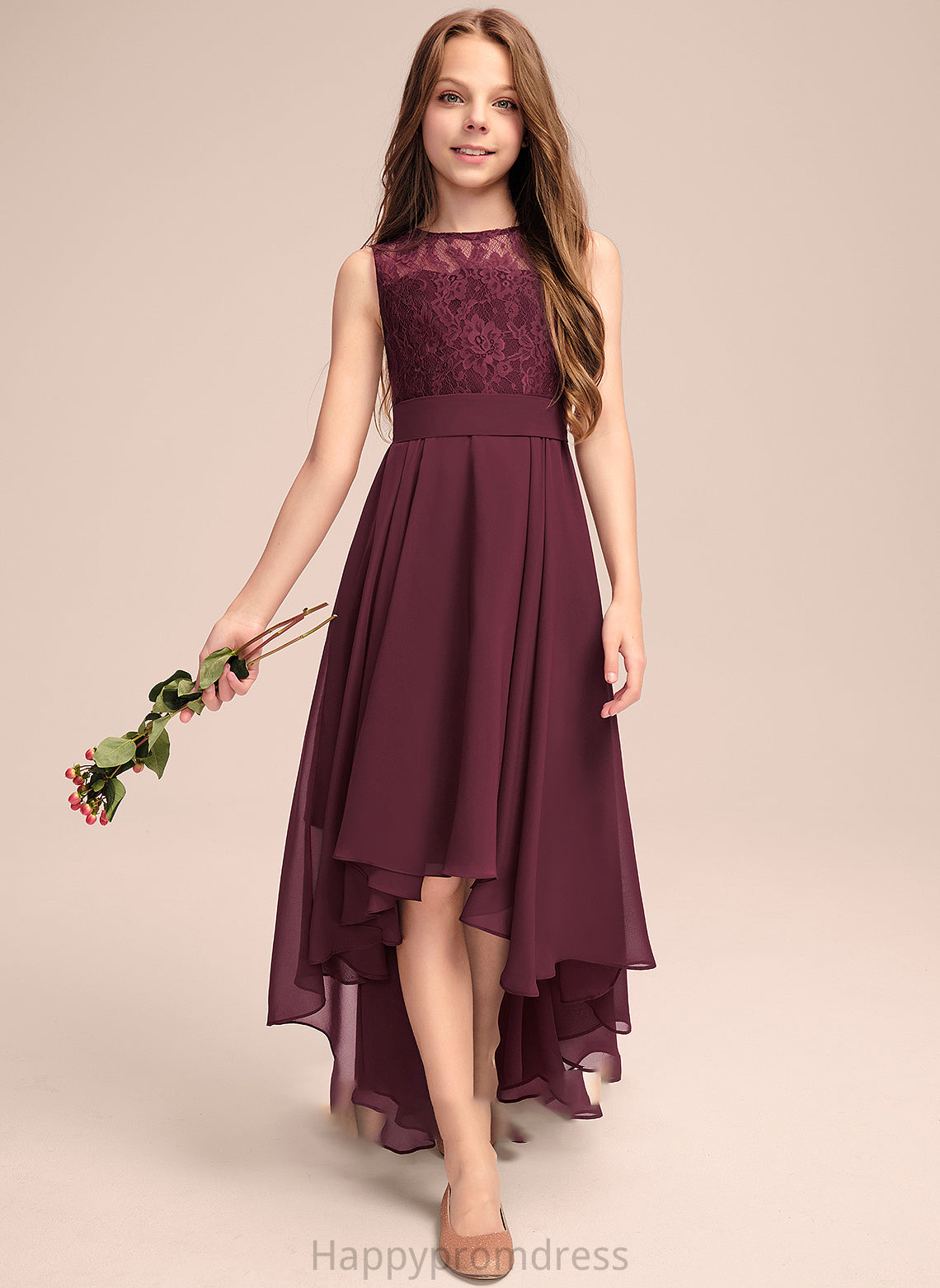 A-Line Asymmetrical Bow(s) Junior Bridesmaid Dresses Chiffon Lace With Neck Greta Scoop