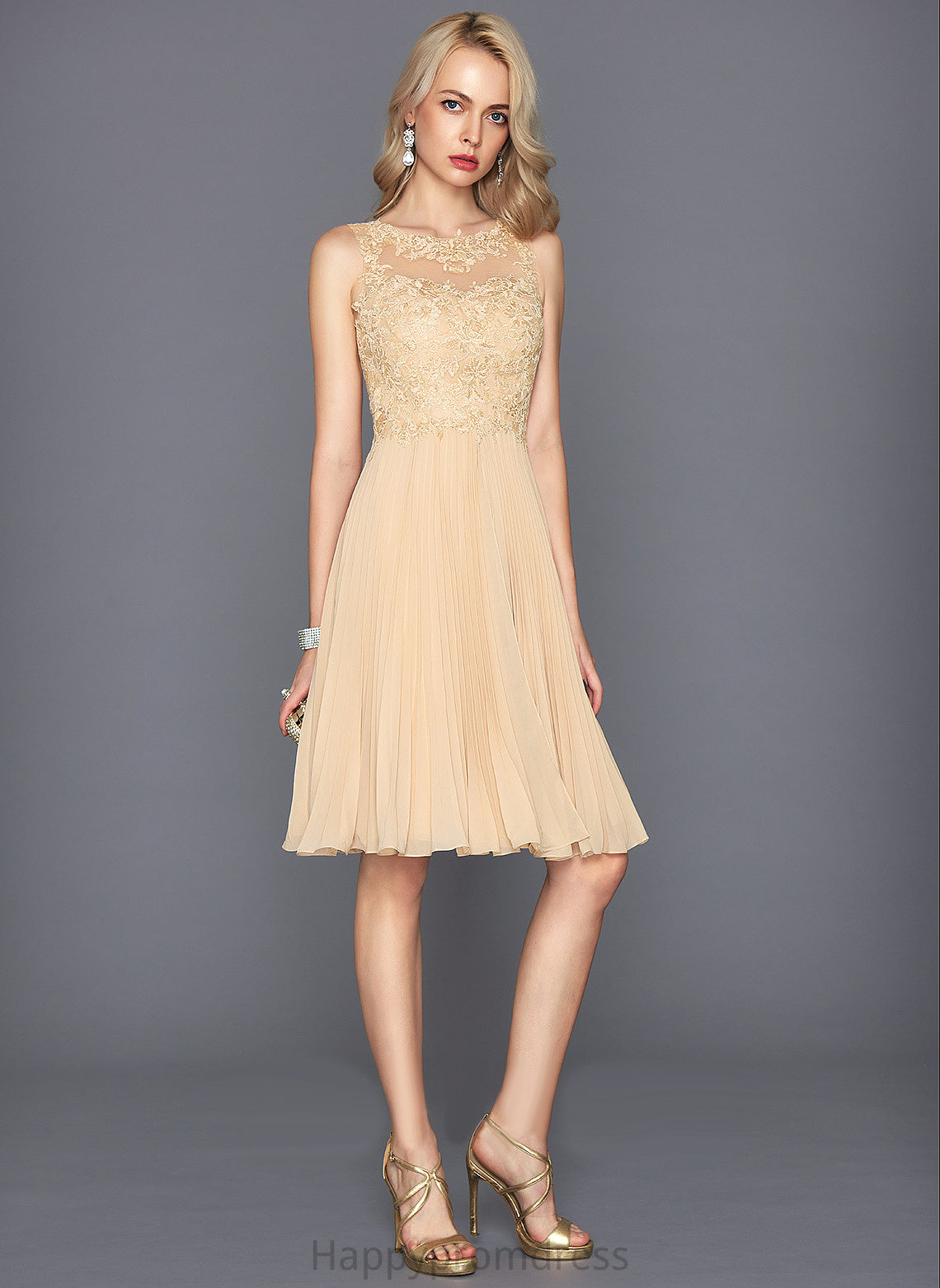 Cocktail Jane With Dress Cocktail Dresses Pleated Knee-Length Chiffon Neck Lace Scoop A-Line