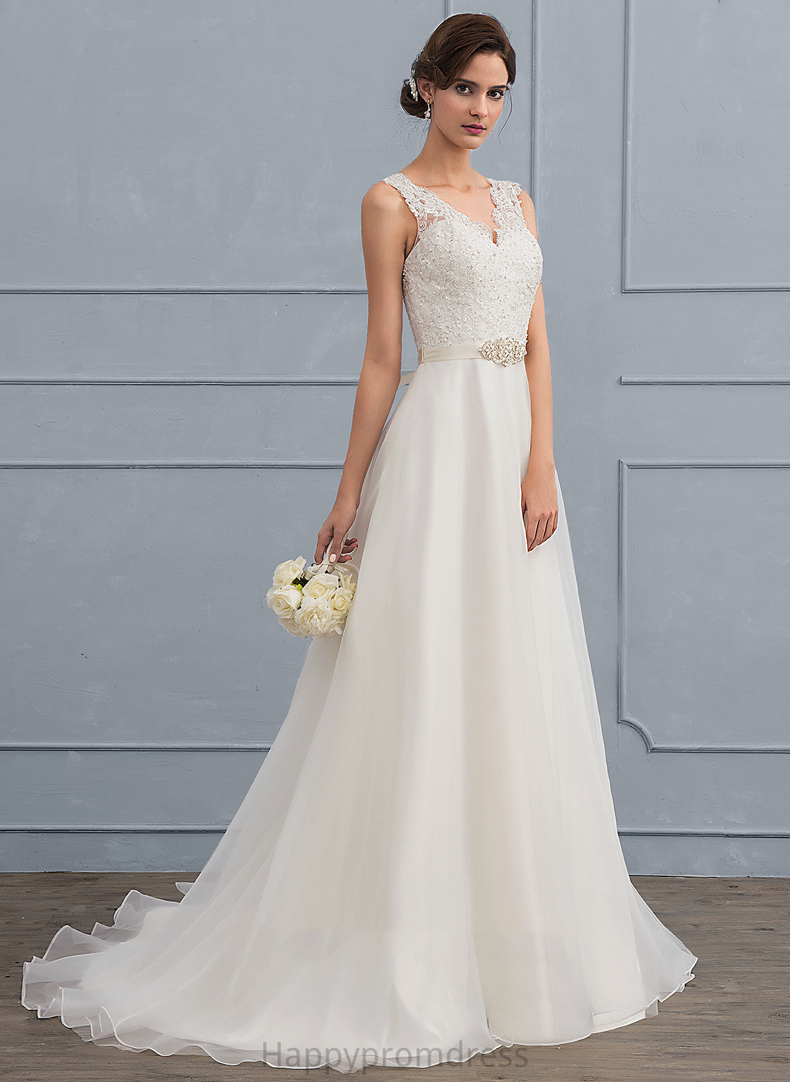 V-neck Train Wedding Dresses Wedding With A-Line Organza Bow(s) Lace Dress Kayden Beading Sweep