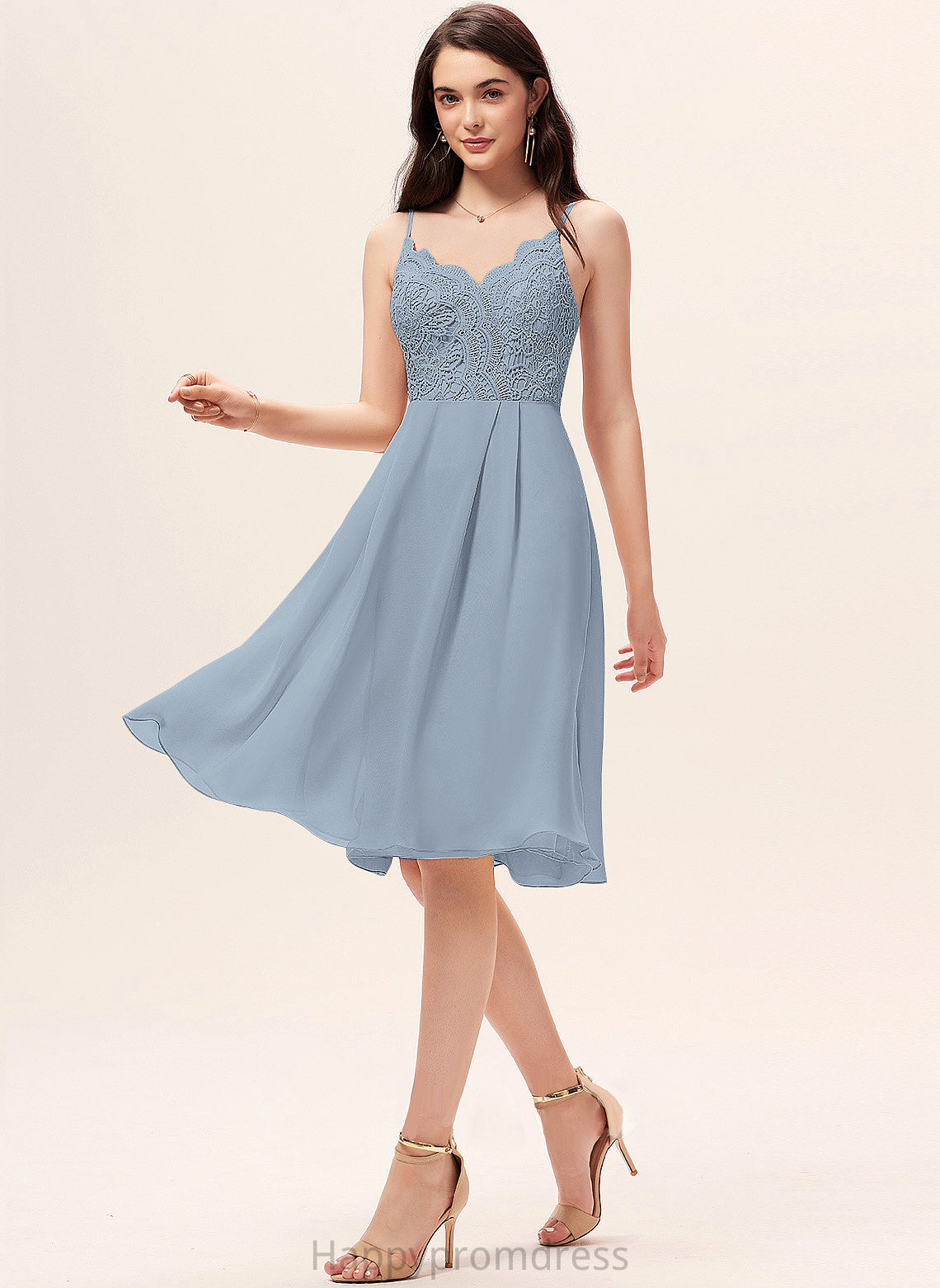 Knee-Length Lace Neckline A-Line V-neck Straps Silhouette Length Fabric Mariana Scoop Sleeveless Bridesmaid Dresses