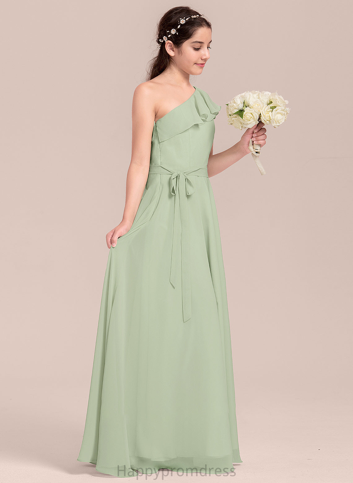 Gianna Junior Bridesmaid Dresses A-Line Ruffles Cascading Floor-Length With Chiffon One-Shoulder