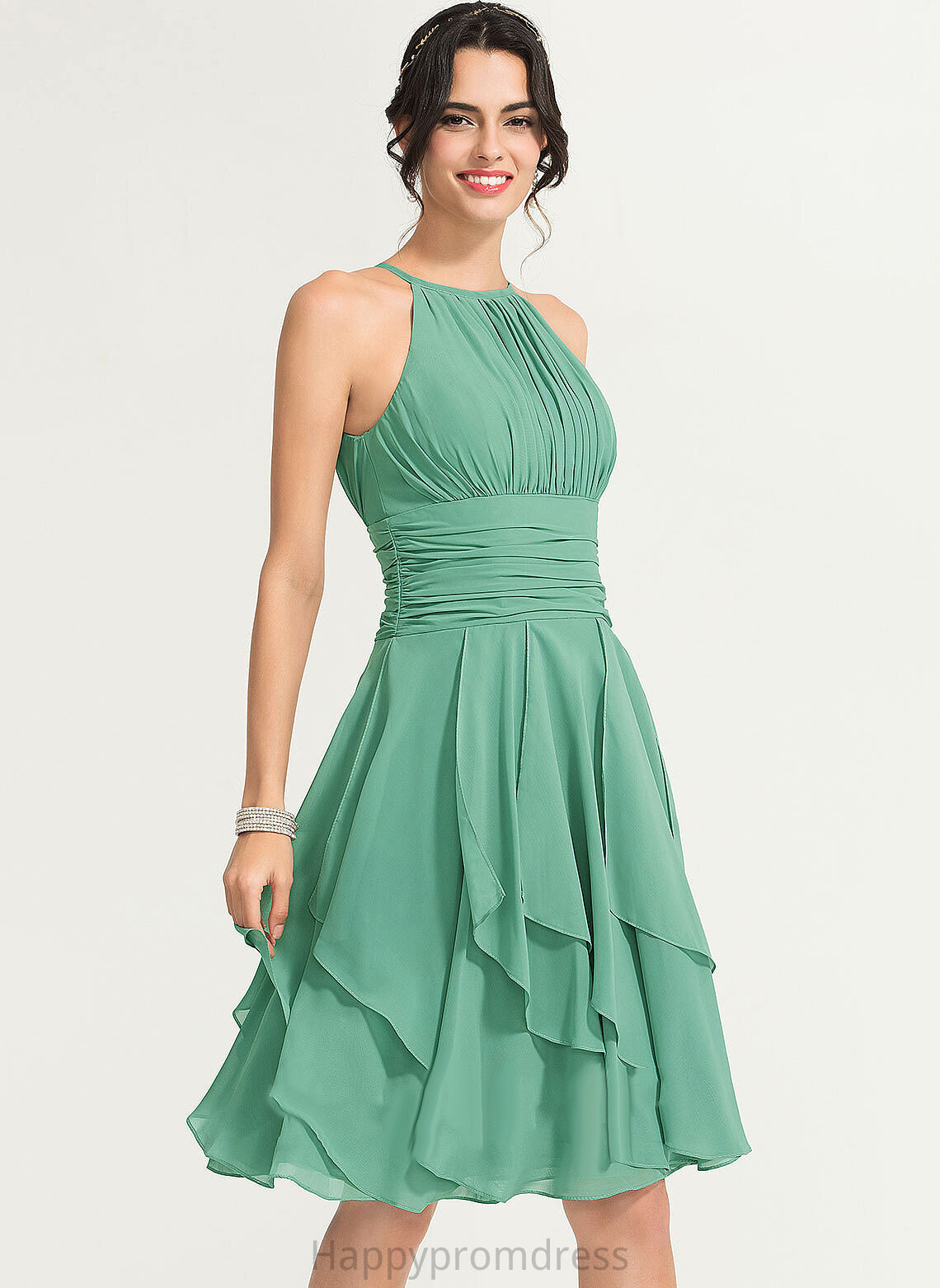 Chiffon Scoop Dress Cocktail Cocktail Dresses Ruffles Juliana Knee-Length Cascading Ruffle A-Line Neck With