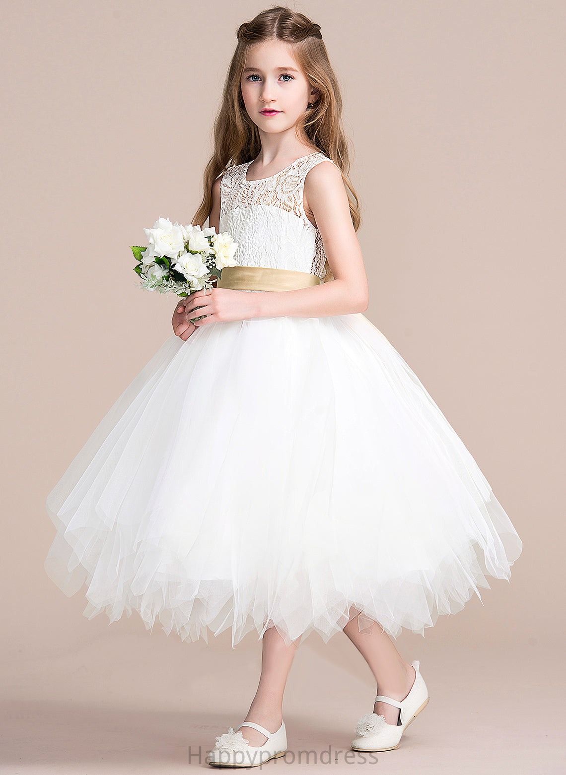 Tulle/Lace Sleeveless Sash/Back (Detachable Dress sash) Neck A-Line Morgan Flower With Flower Girl Dresses - Hole Tea-length Girl Scoop