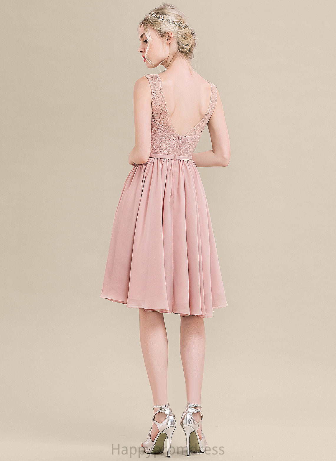 A-Line With Bow(s) Lace V-neck Knee-Length Janiah Dress Chiffon Cocktail Dresses Lace Cocktail