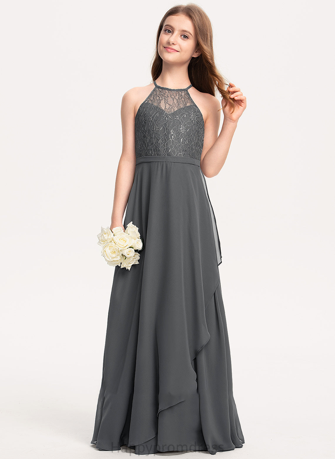 Scoop Mabel Floor-Length A-Line Junior Bridesmaid Dresses Lace With Neck Ruffles Cascading Chiffon