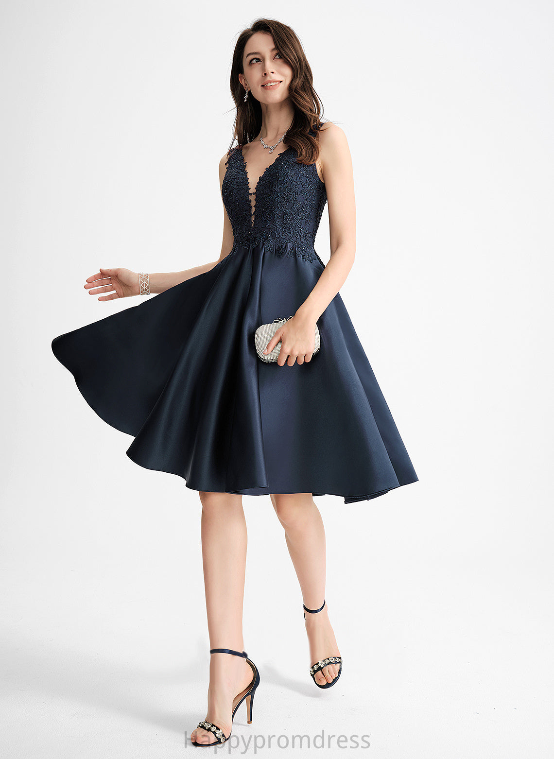 With Lace V-neck Satin Adyson Homecoming Dresses Knee-Length Beading A-Line Dress Homecoming