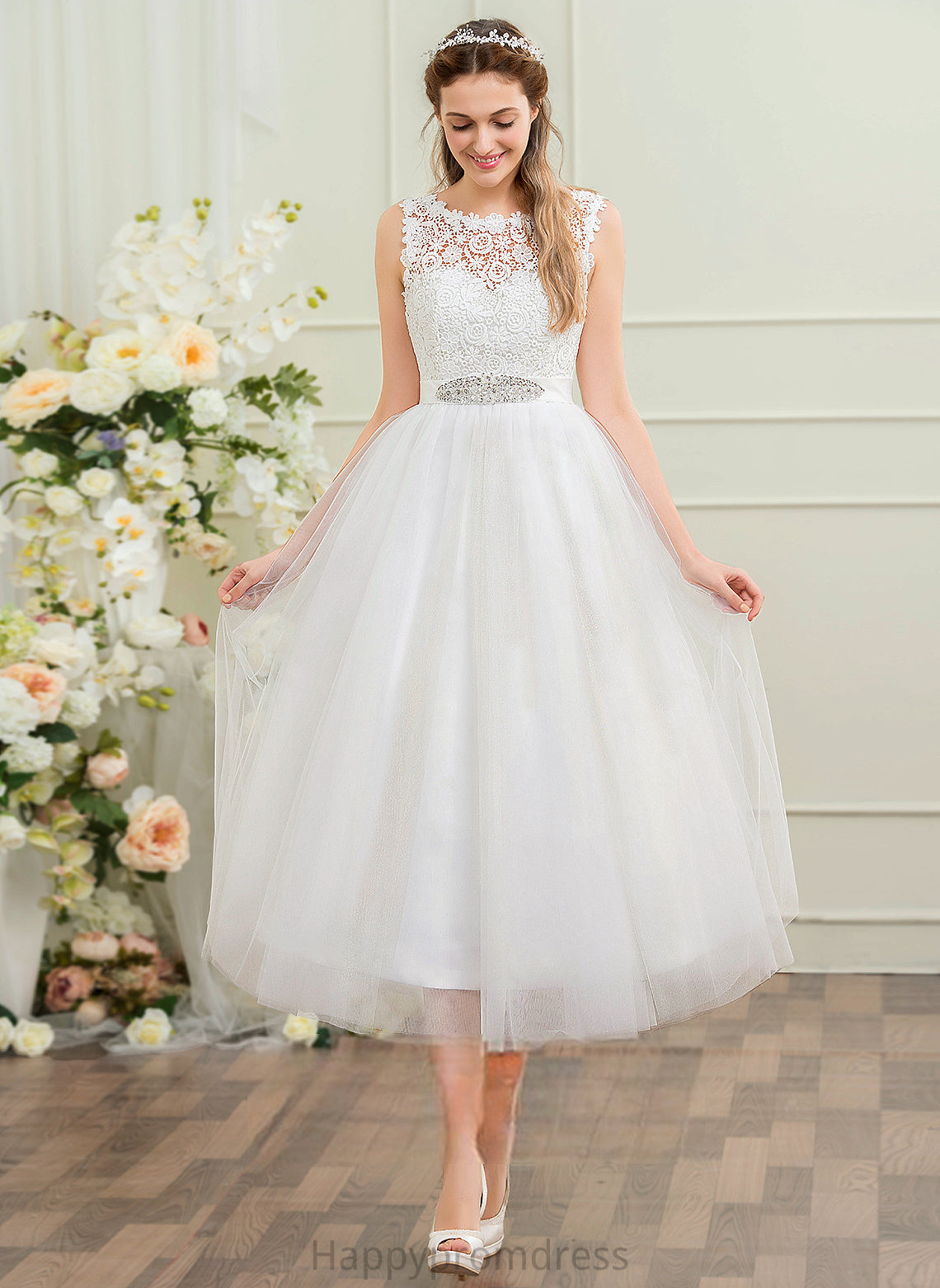 With Tulle Aleah Dress Neck Satin Sequins Ball-Gown/Princess Lace Tea-Length Beading Wedding Dresses Scoop Wedding