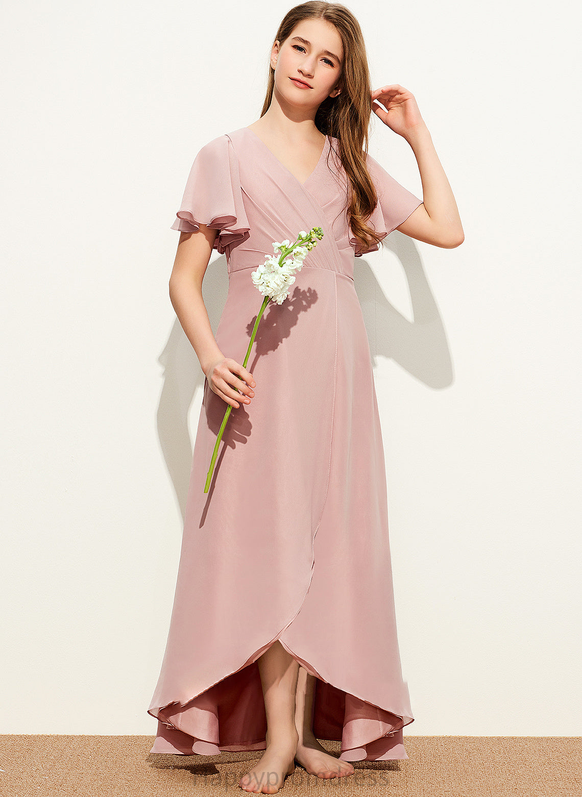 A-Line Ruffle Junior Bridesmaid Dresses With Asymmetrical Alexia Chiffon V-neck