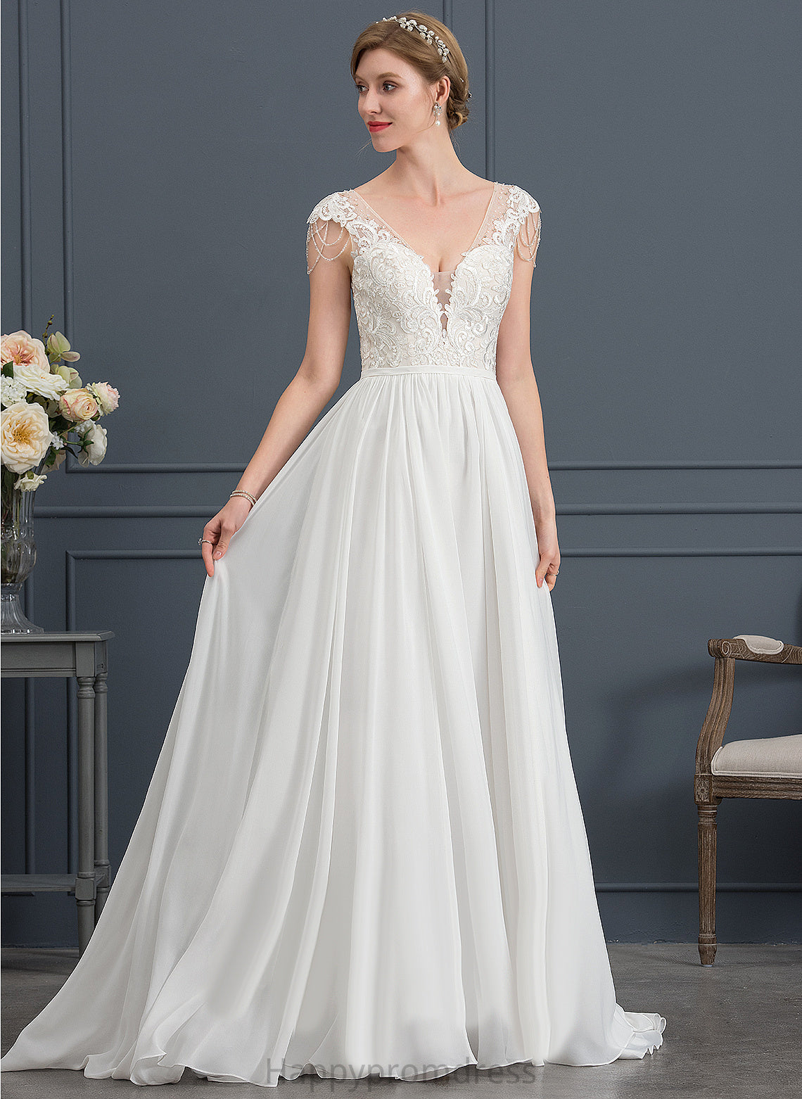 Wedding Dresses Alma Train Chiffon Wedding Lace With V-neck Sequins Beading Sweep Dress A-Line