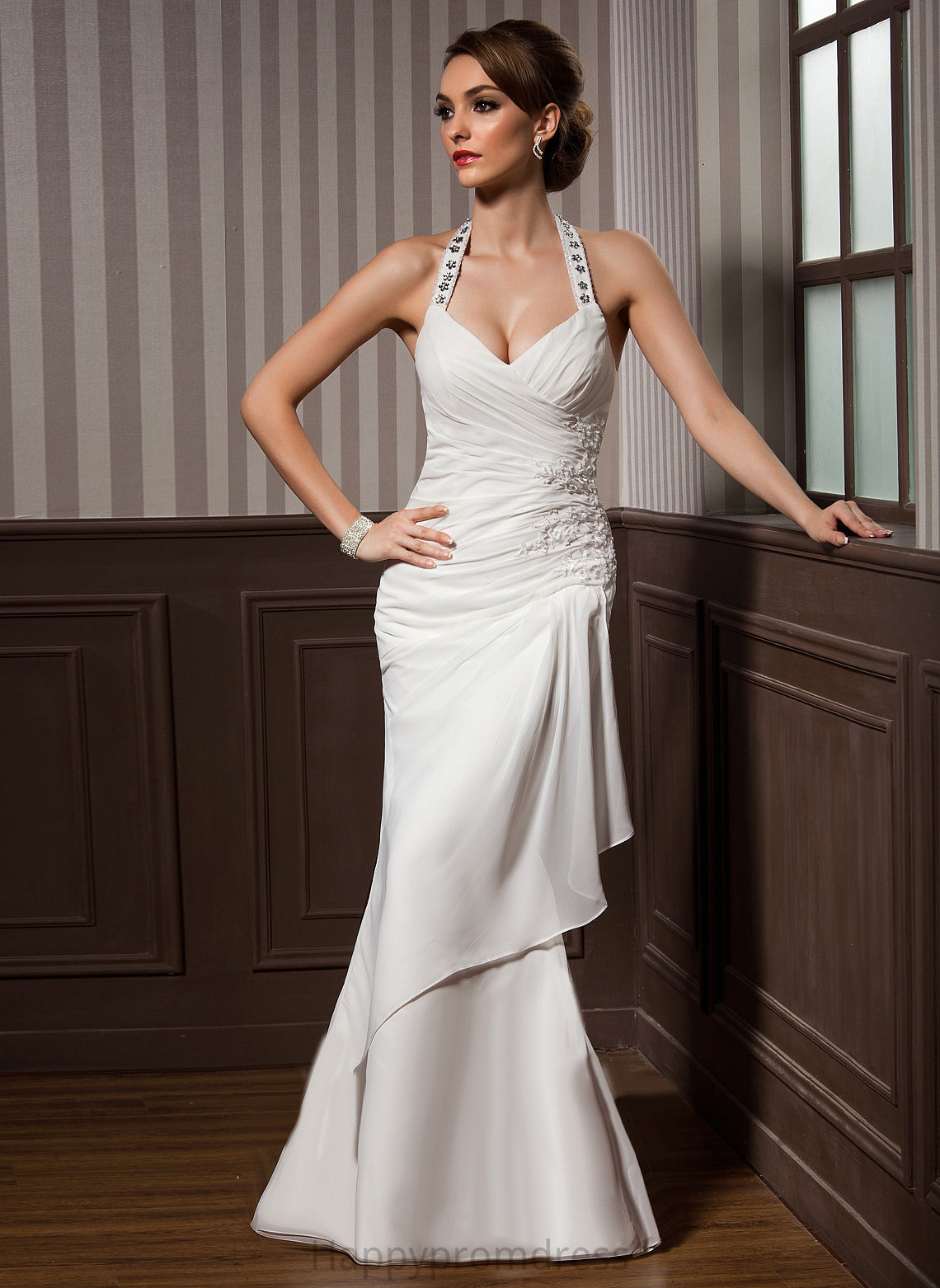 Val Halter Sheath/Column Floor-Length Lace Beading Wedding Dresses Wedding Sequins Appliques Dress With Chiffon Ruffle